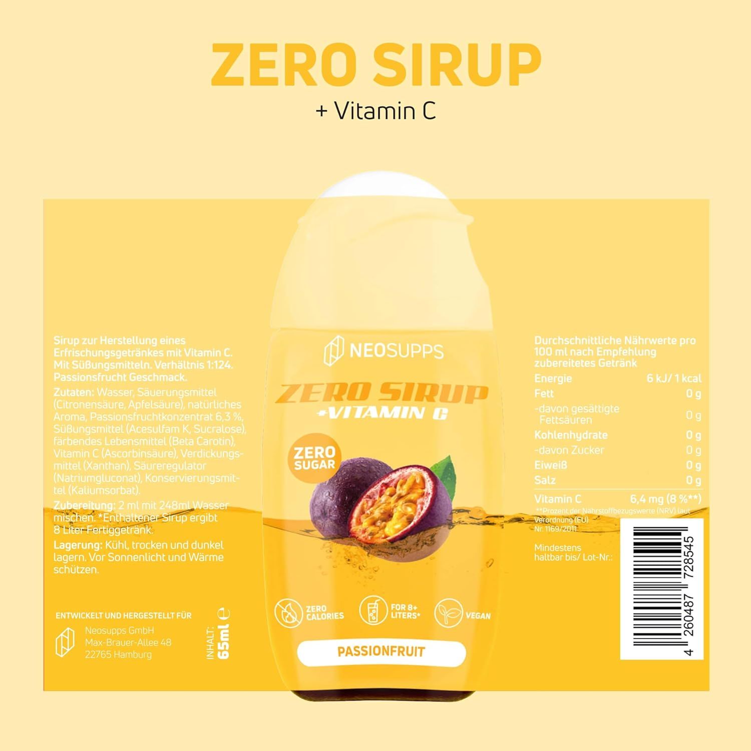 Etikett einer Sirupflasche. Auf dem Etikett steht: Zero Sirup + Vitamin C, Passionsfrucht. Auf dem Etikett sind Nährwertangaben abgebildet.