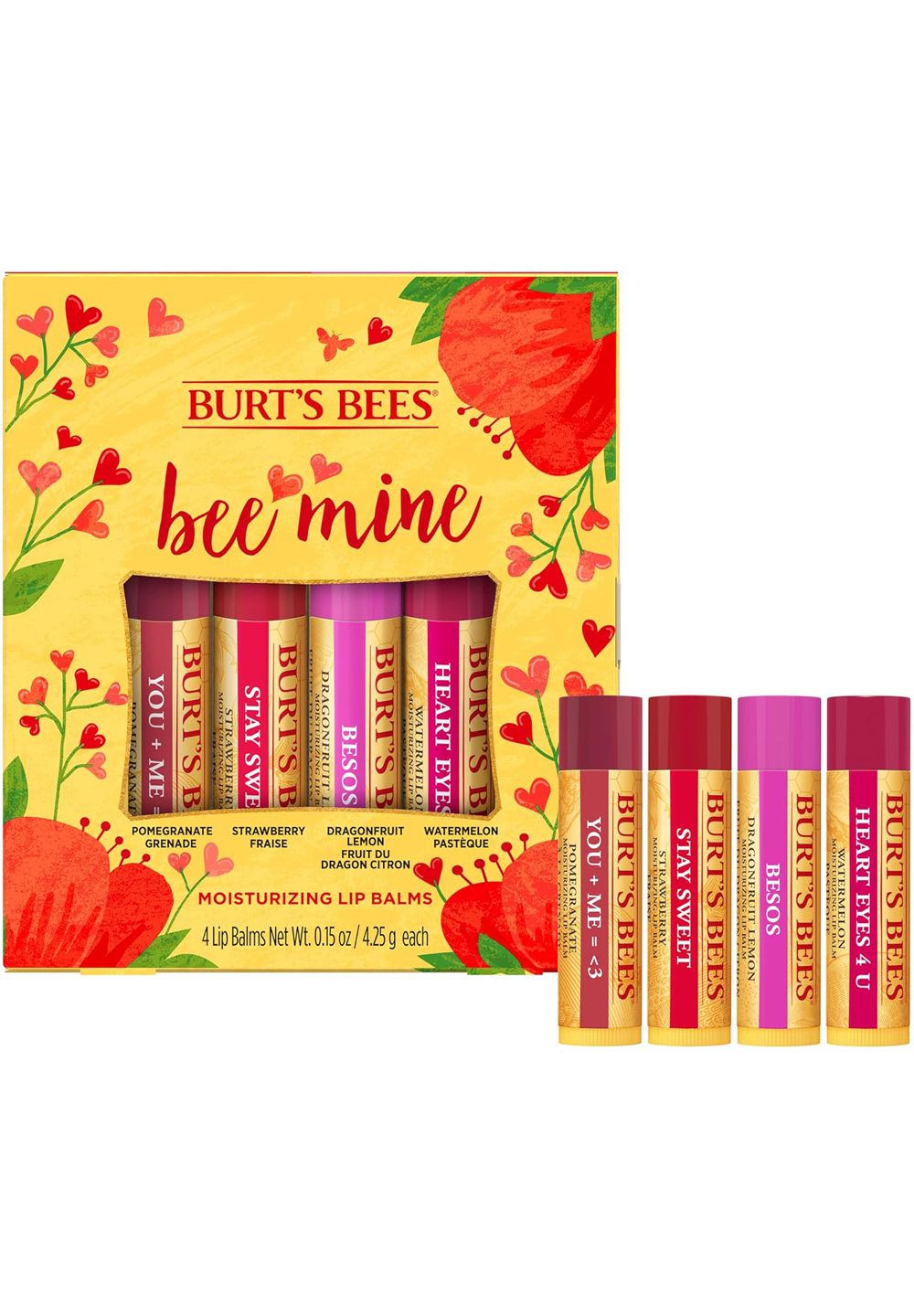 Geschenkset mit vier Lippenbalsamen. Aufschrift "Burt's Bees". Aromen: Granatapfel, Erdbeere, Drachenfrucht, Wassermelone. Verpackung mit floralem Design.