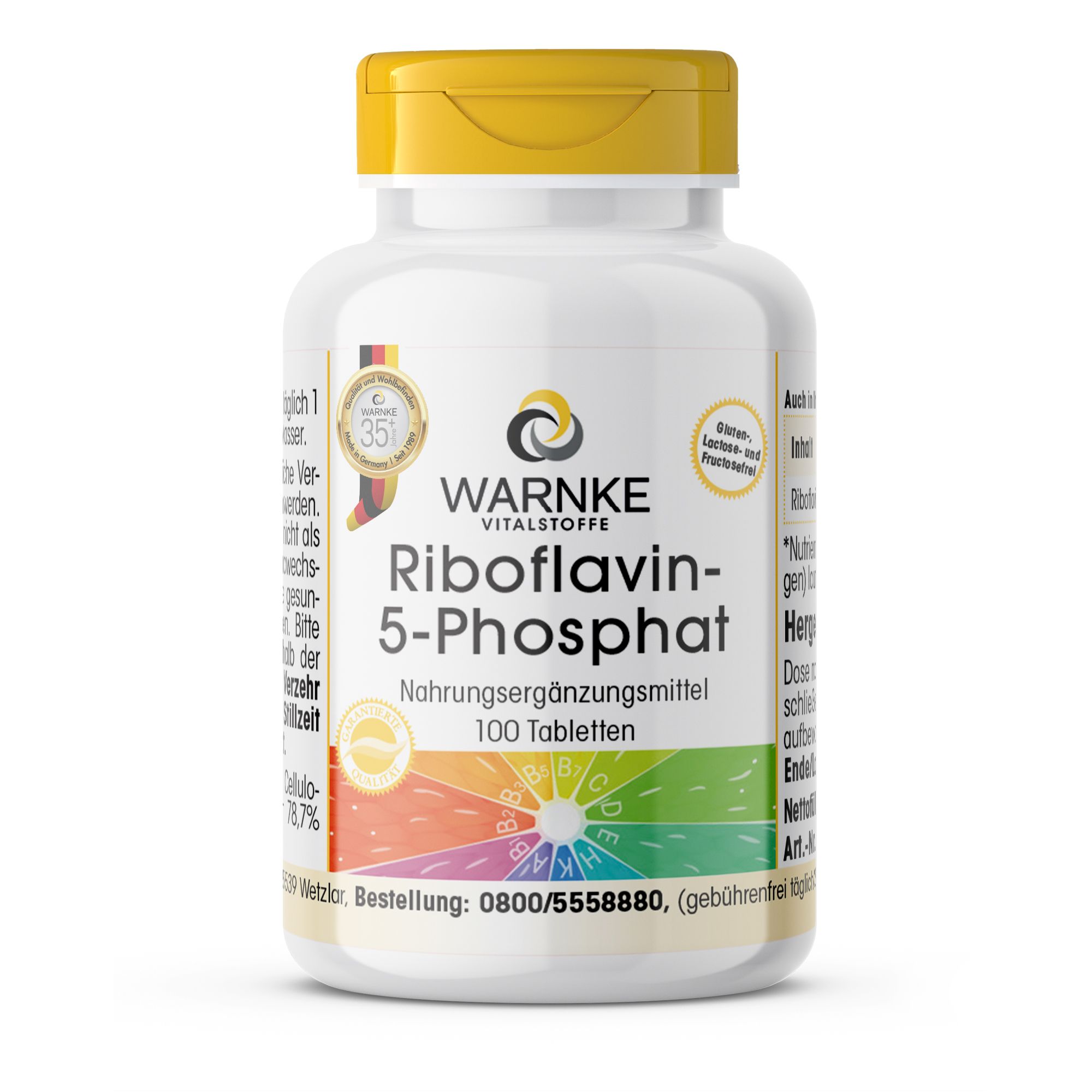 Weiße Flasche mit gelbem Deckel. Aufschrift: Warnke Vitalstoffe Riboflavin-5-Phosphat. Nahrungsergänzungsmittel. 100 Tabletten. Mit Zertifizierung.