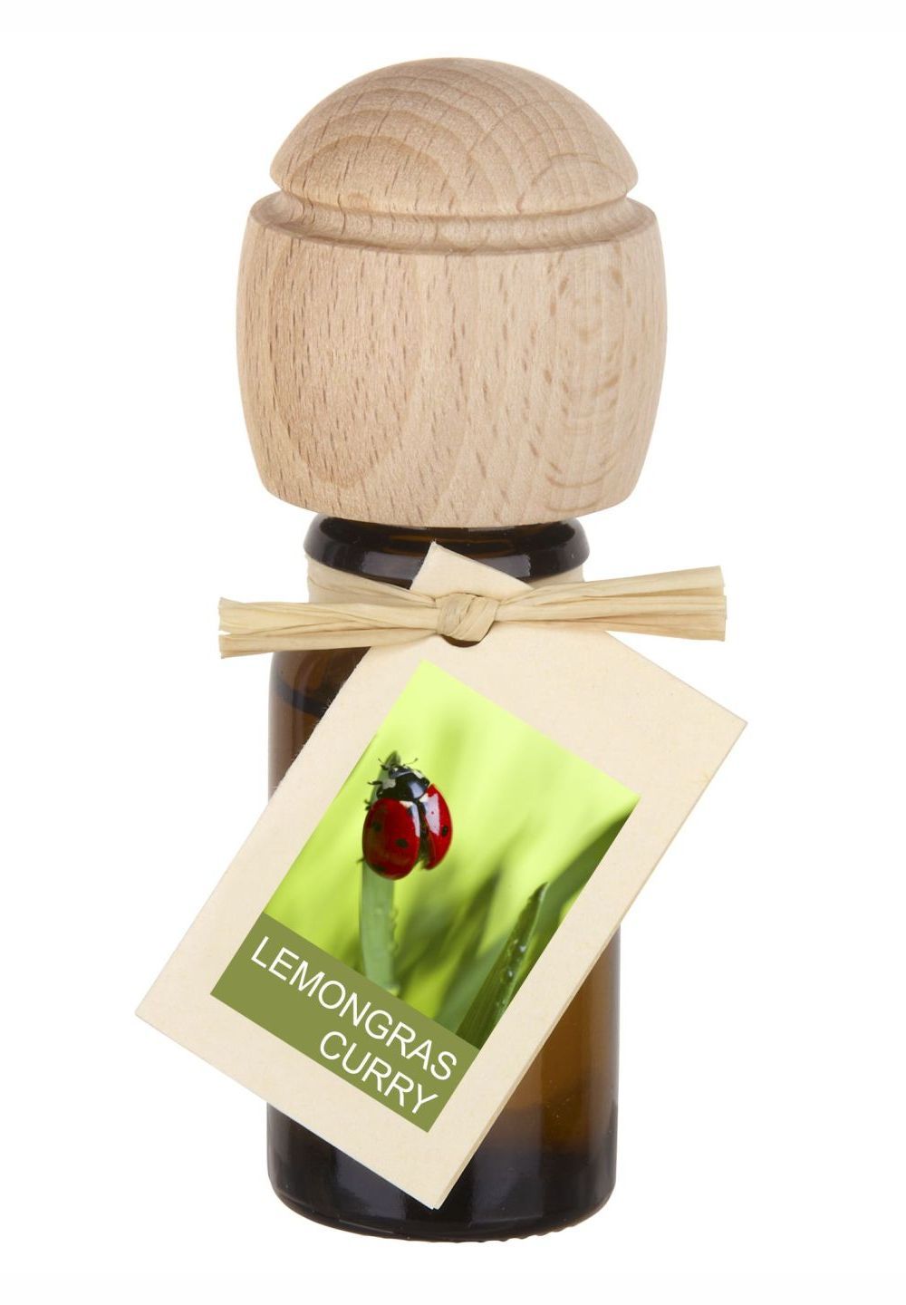 Braune Glasflasche mit Holzverschluss und Anhänger. Auf dem Anhänger steht "Lemongras Curry".