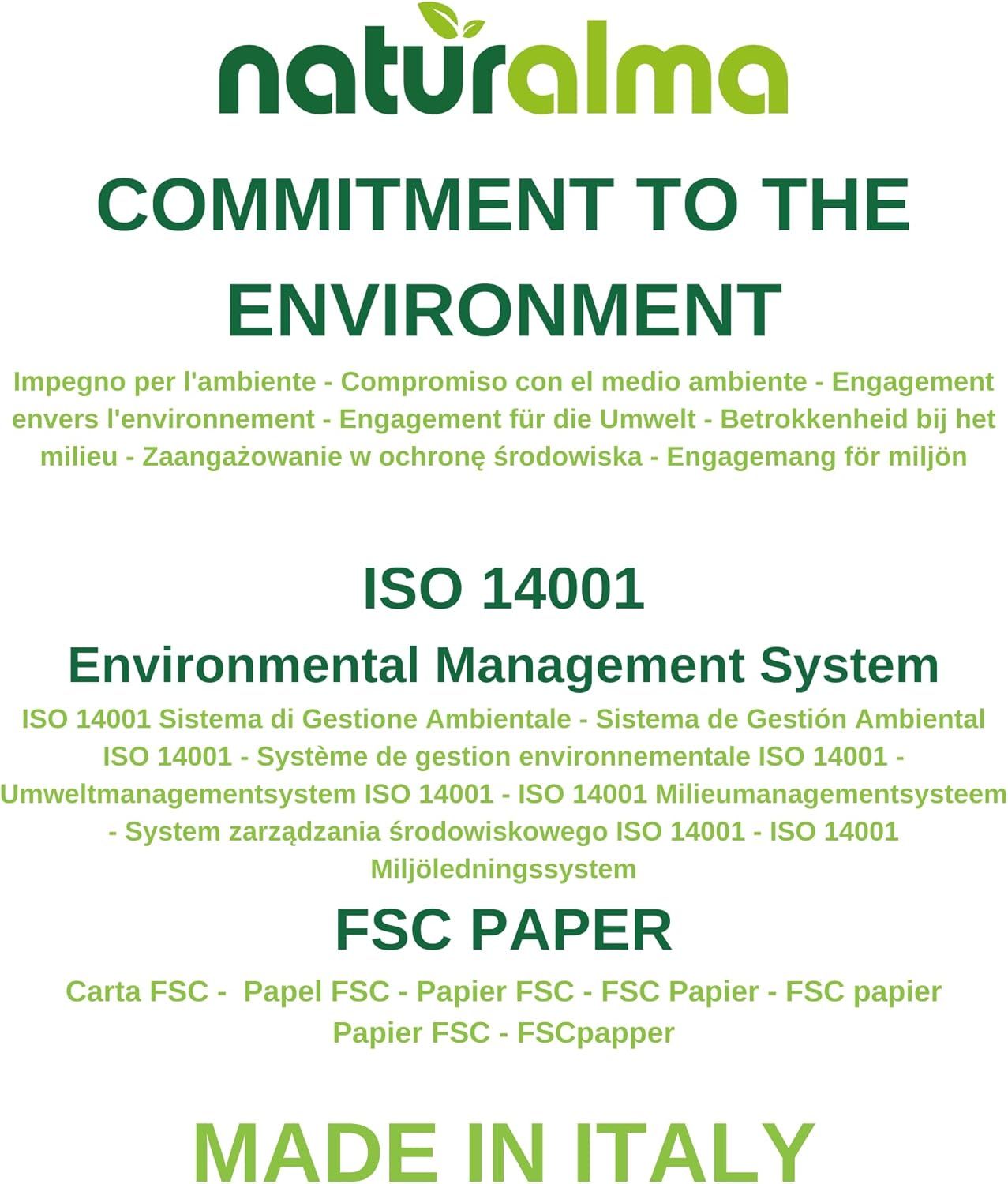 Logo von Naturalma. Text: Engagement für die Umwelt. ISO 14001, FSC-Papier. Hergestellt in Italien.