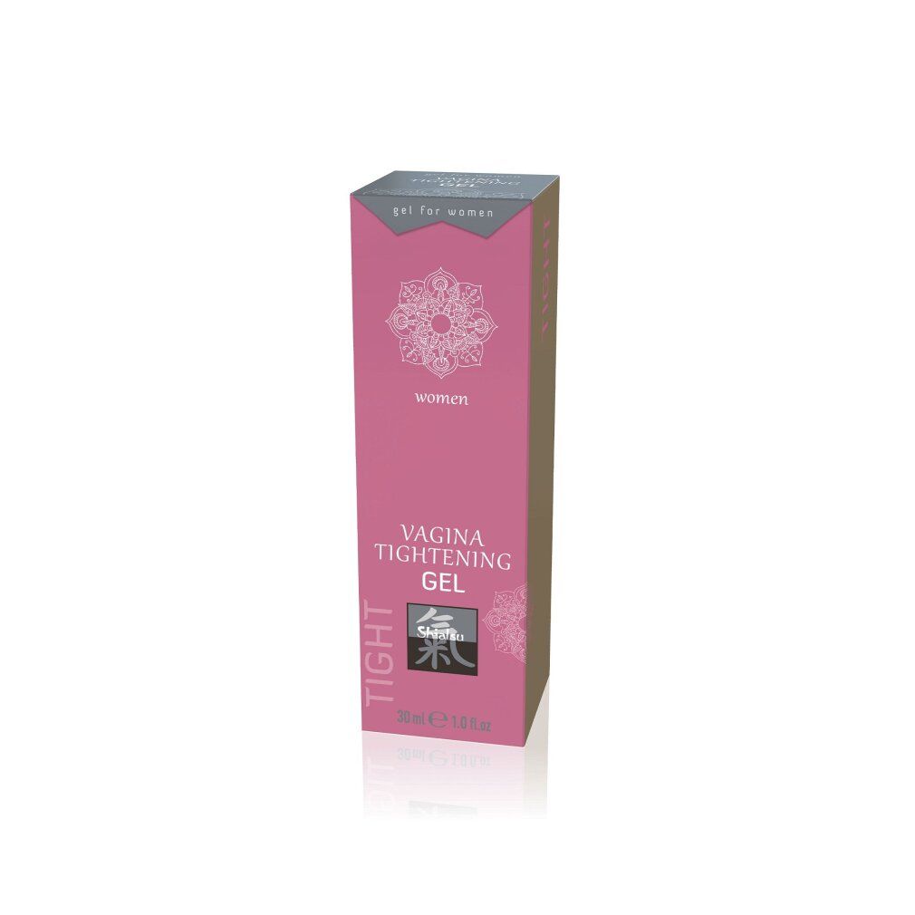 Rosa Verpackung mit Produktbezeichnung und Logo. Text: Vagina Tightening Gel. Marke: Shiatsu. Volumen: 30 ml.