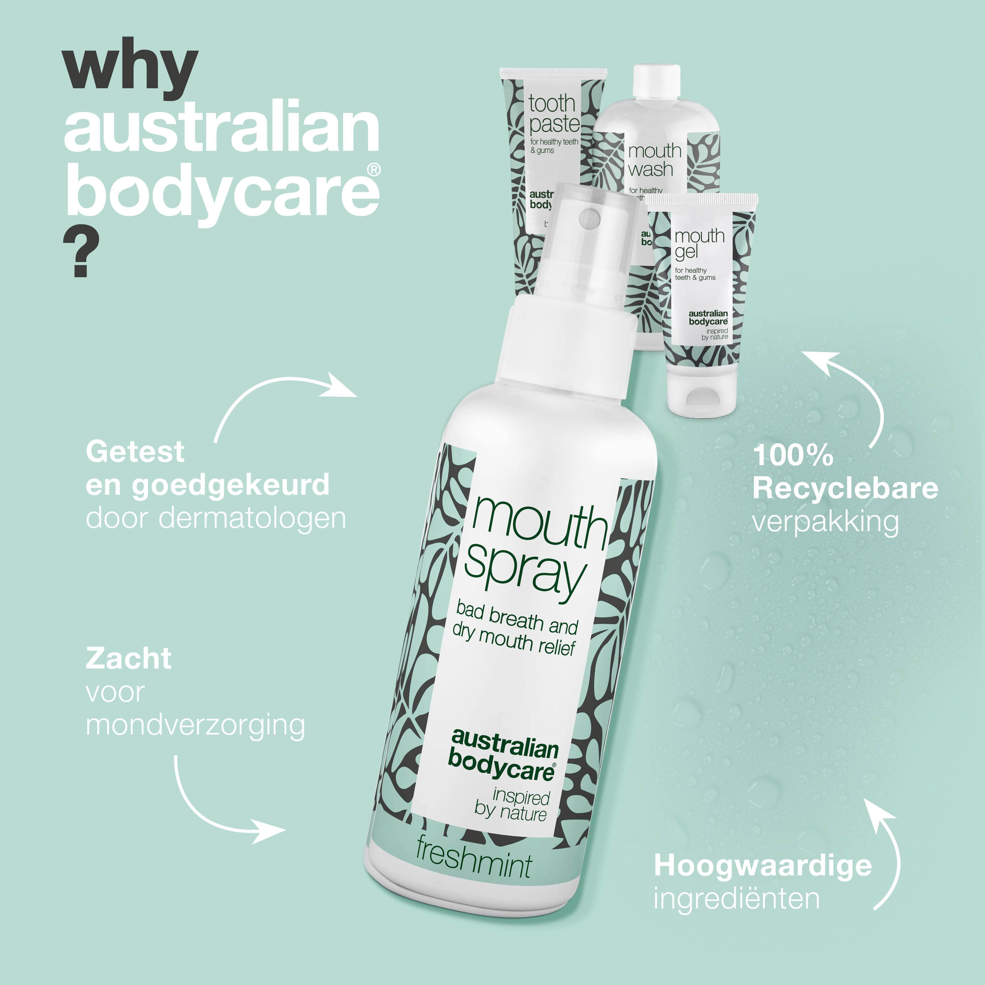 Mondsprayfles met mondverzorgingsproducten. Tekst: mondspray, slechte adem en verlichting van een droge mond. Logo: Australian Bodycare.