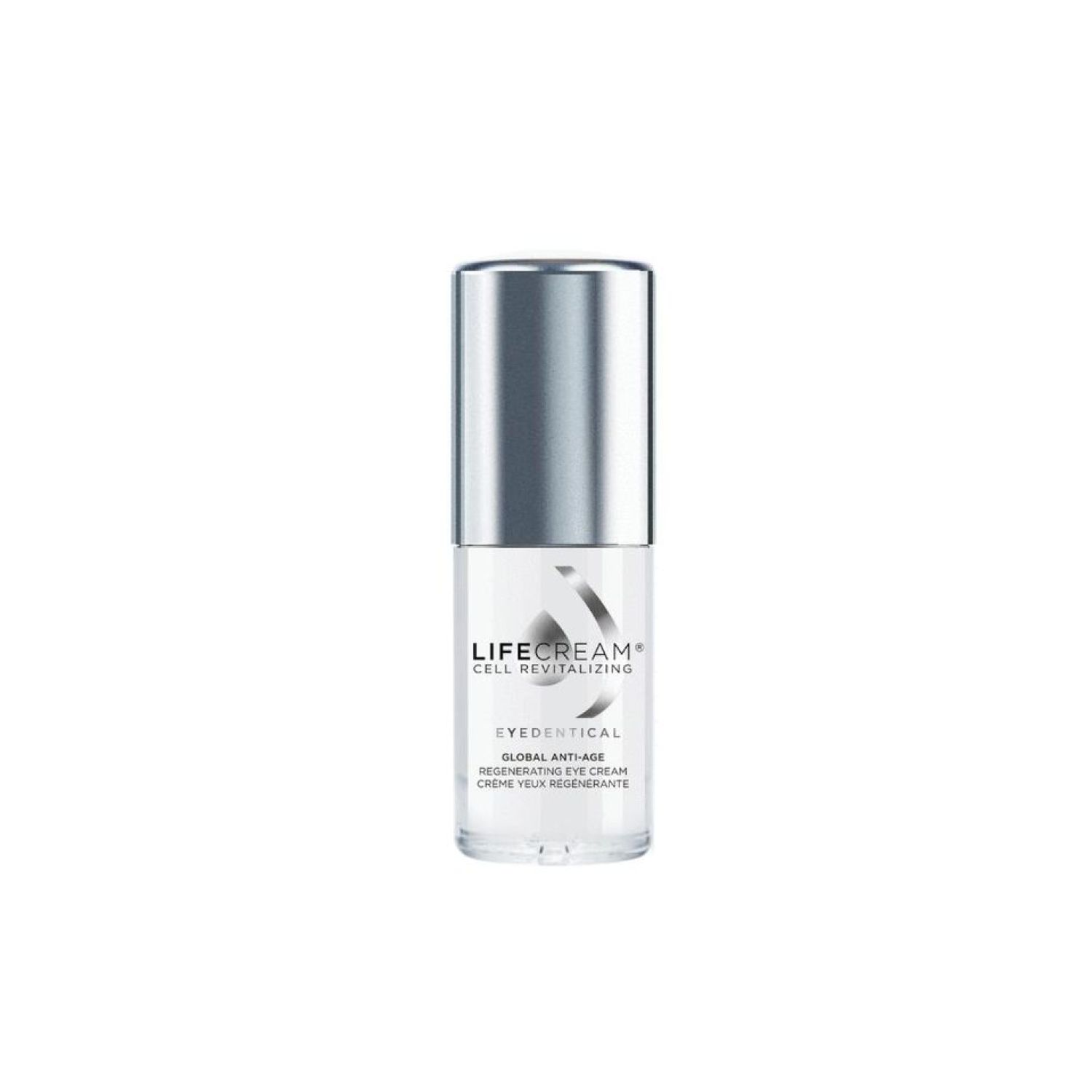 Augencreme-Flakon mit silbernem Deckel. Aufschrift: LIFE CREAM CELL REVITALIZING, Eyedentical, Global Anti-Aging Regenerating Eye Cream.