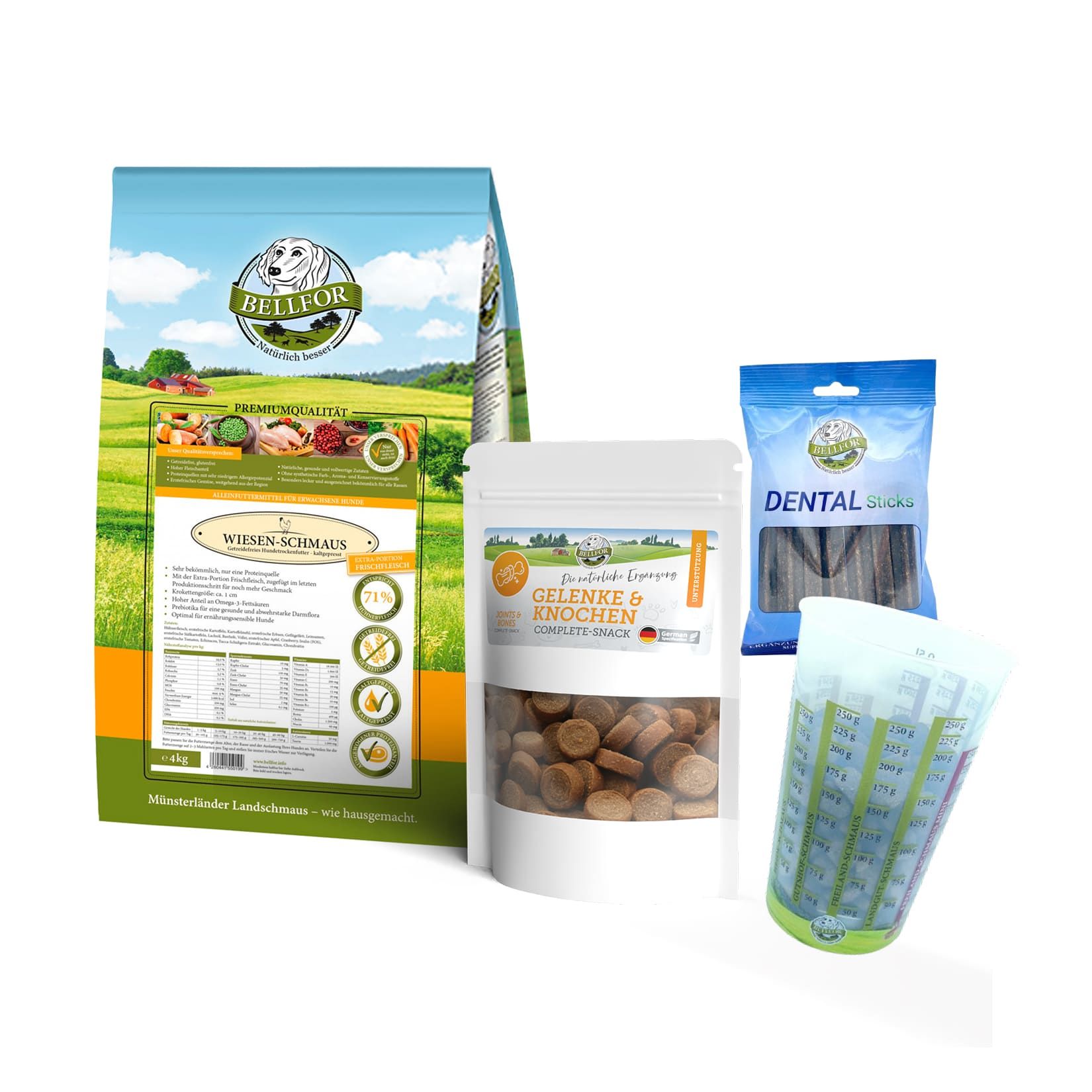 Bellfor Futter Set. Enthält Trockenfutter, Snacks für Gelenke & Knochen, Dental Sticks und Messbecher. Verpackungen mit Produktlogos.