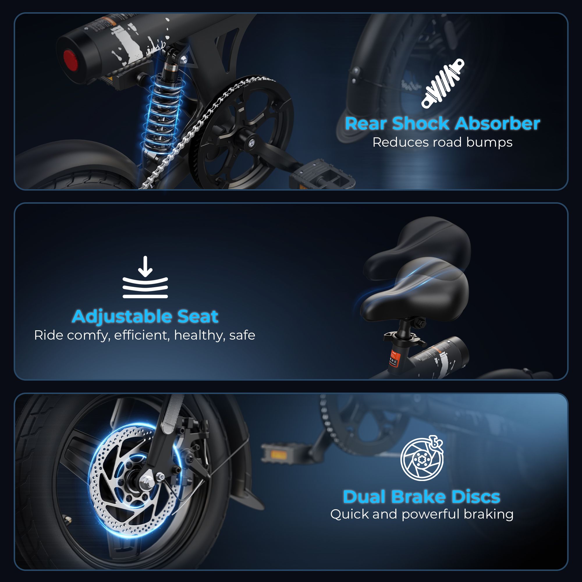 Detailansicht der VARUN C14-1. Einstellbarer Sitz, Hinterradstoßdämpfer, Doppelscheibenbremsen. Blaue Akzente.