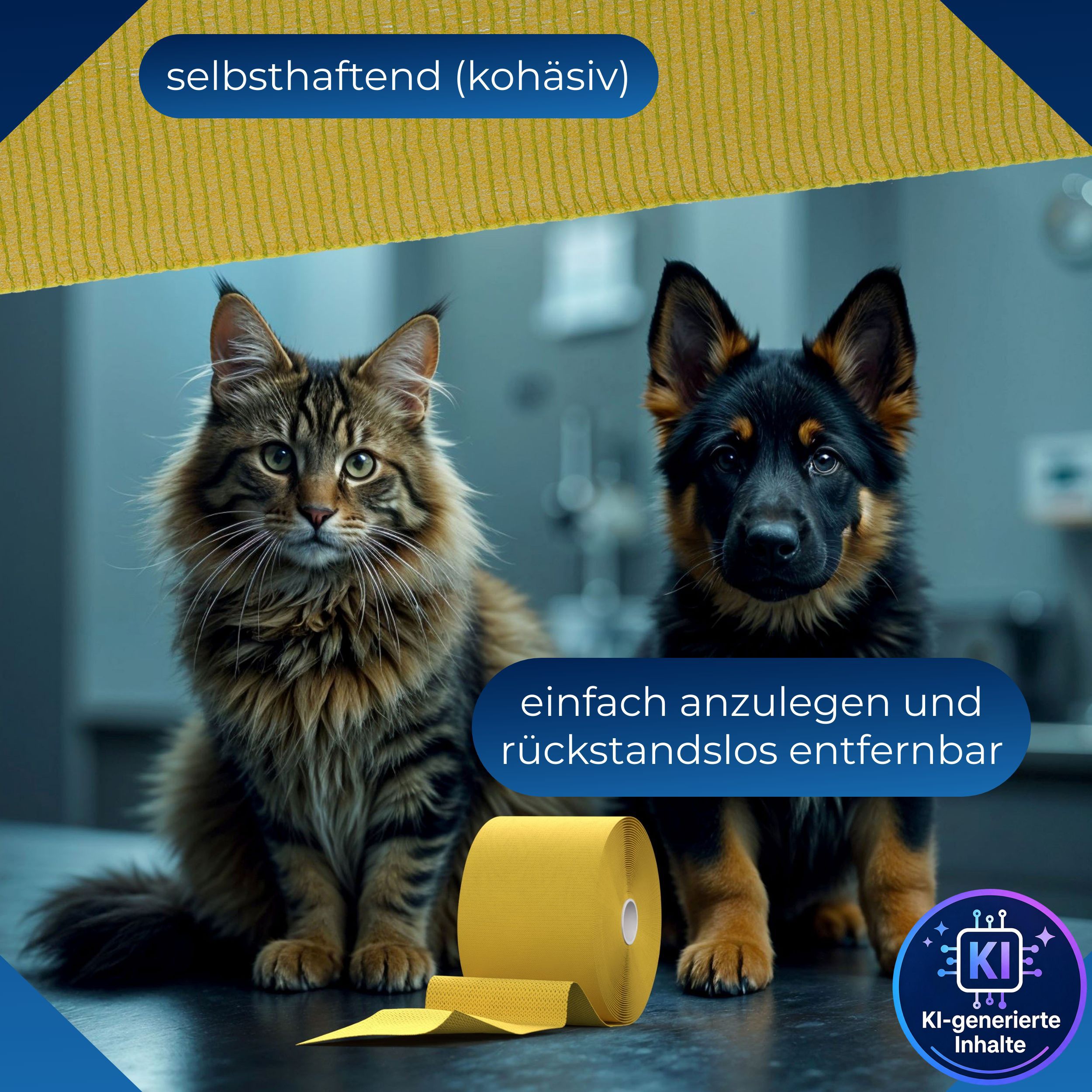 Gelbe, kohäsive Binde mit einem Maine Coon Kater und einem Deutschen Schäferhund Welpen.