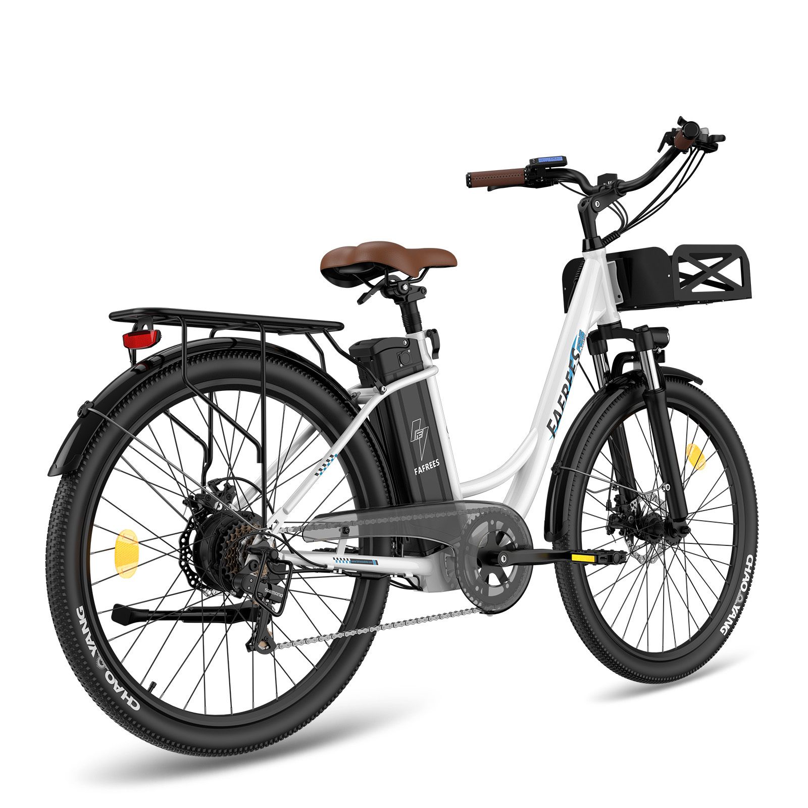 Fafrees F26 E-Bike, weiß, mit Korb und Gepäckträger. Schwarze Reifen, brauner Sattel und Lenkergriffe. Akku am Rahmen.