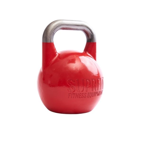Rote Kettlebell mit silbernem Griff. Aufschrift: SUPRFIT FITNESS EQUIPMENT.
