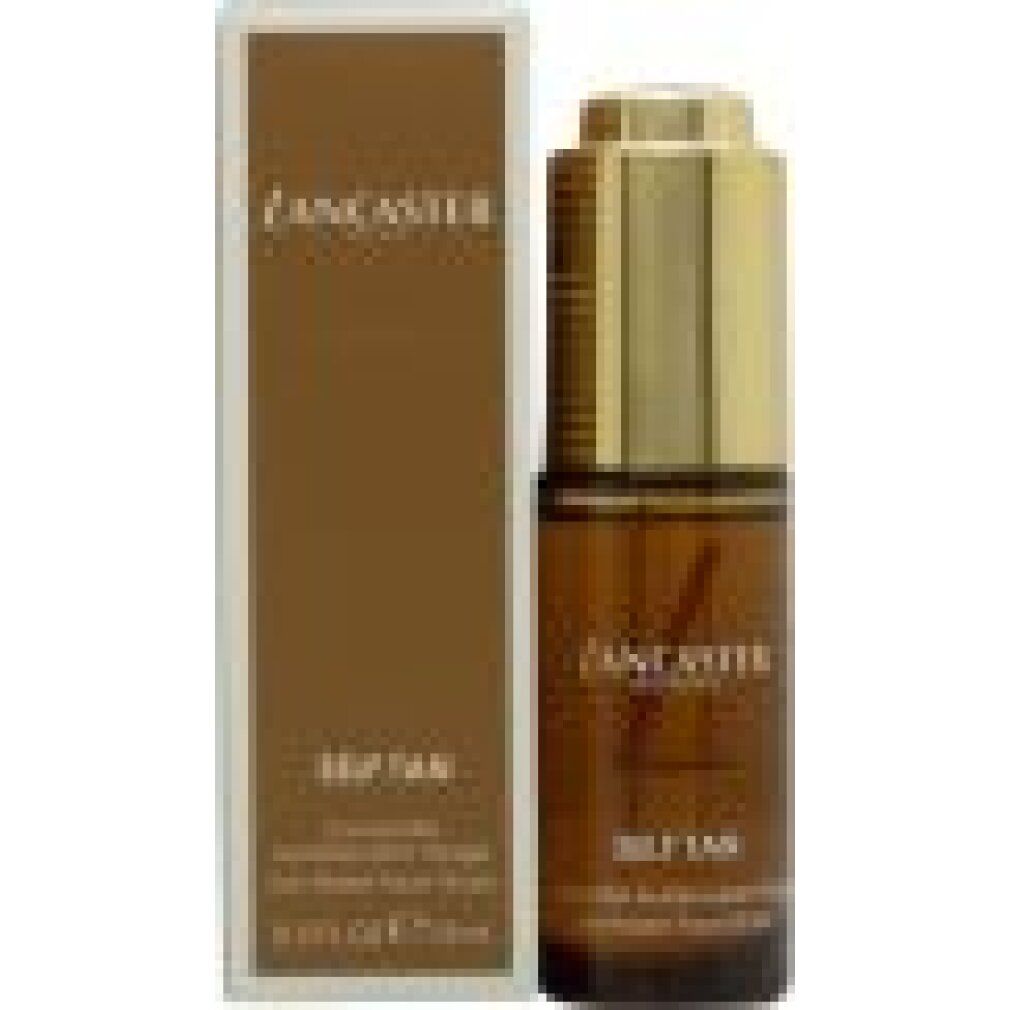 Braune Glasflasche mit goldfarbenem Deckel und brauner Verpackung. Aufschrift: Lancaster, Self Tan.