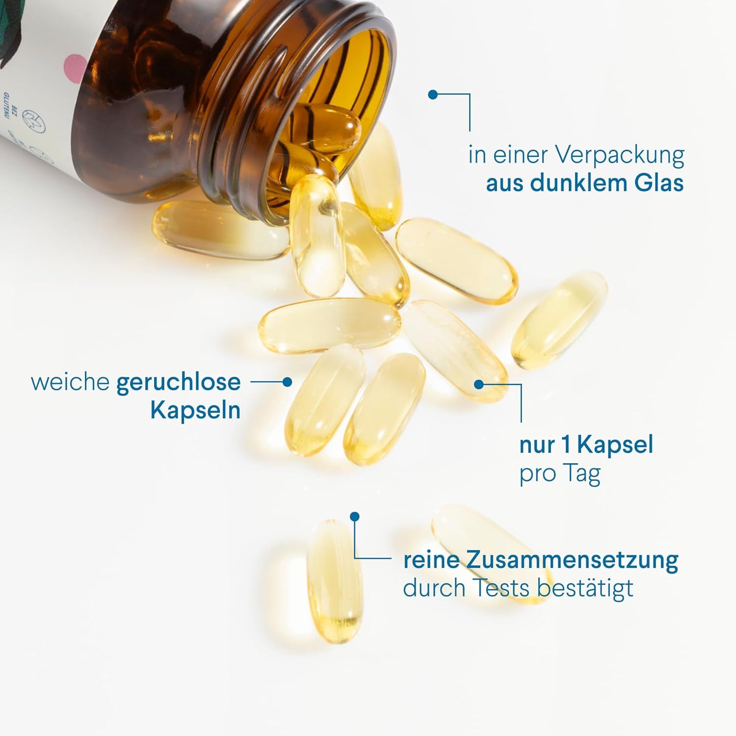 Braune Glasflasche mit Kapseln. Kapseln sind gelb und durchsichtig. Text: "weiche geruchlose Kapseln", "nur 1 Kapsel pro Tag".