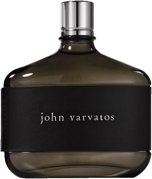 Dunkle Glasflasche mit silbernem Verschluss. Schwarzes Band mit "john varvatos" Schriftzug. Eckige Form.