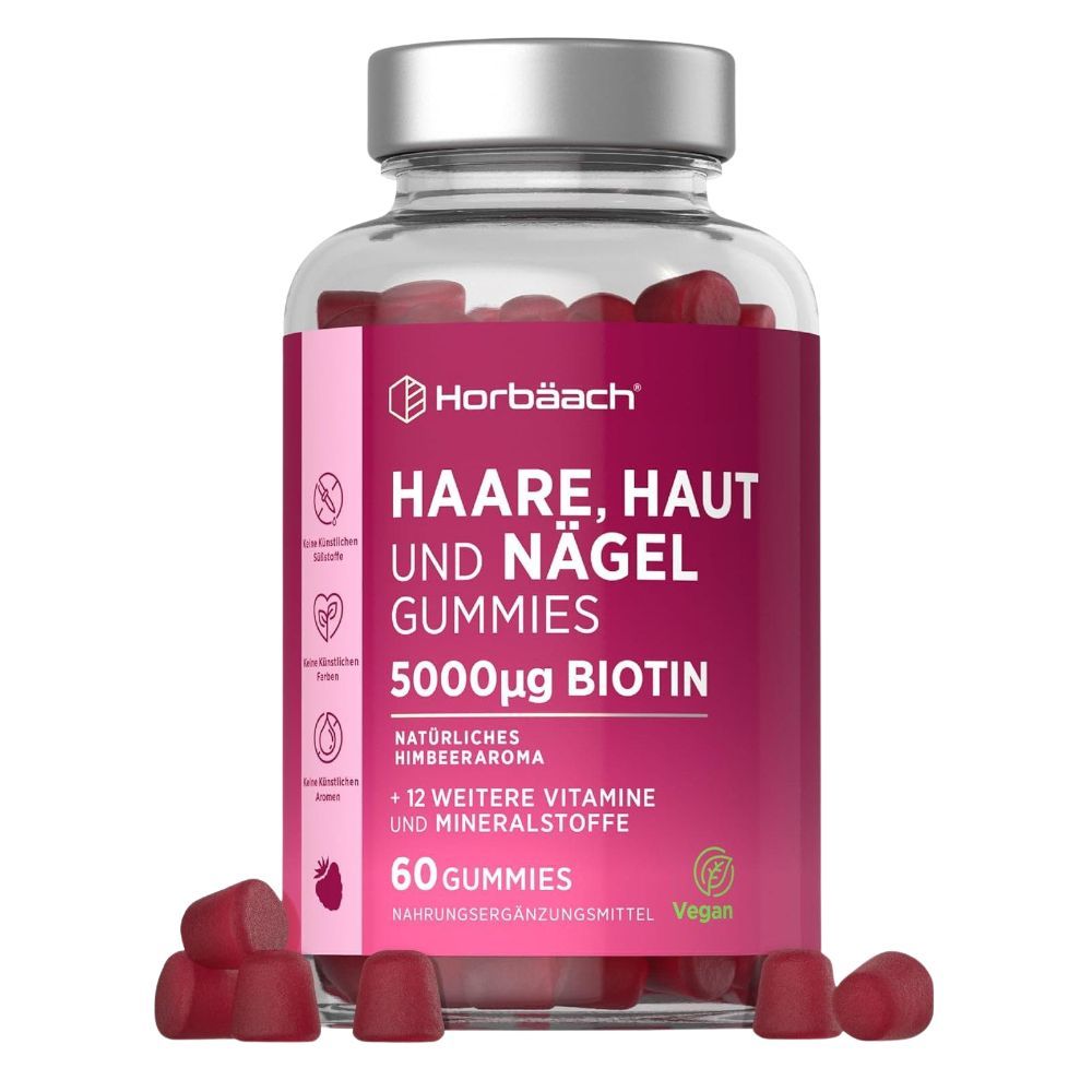 Glasflasche mit roten Gummies. Aufschrift: Haare, Haut und Nägel Gummies, 5000µg Biotin. 60 Gummies. Vegan.
