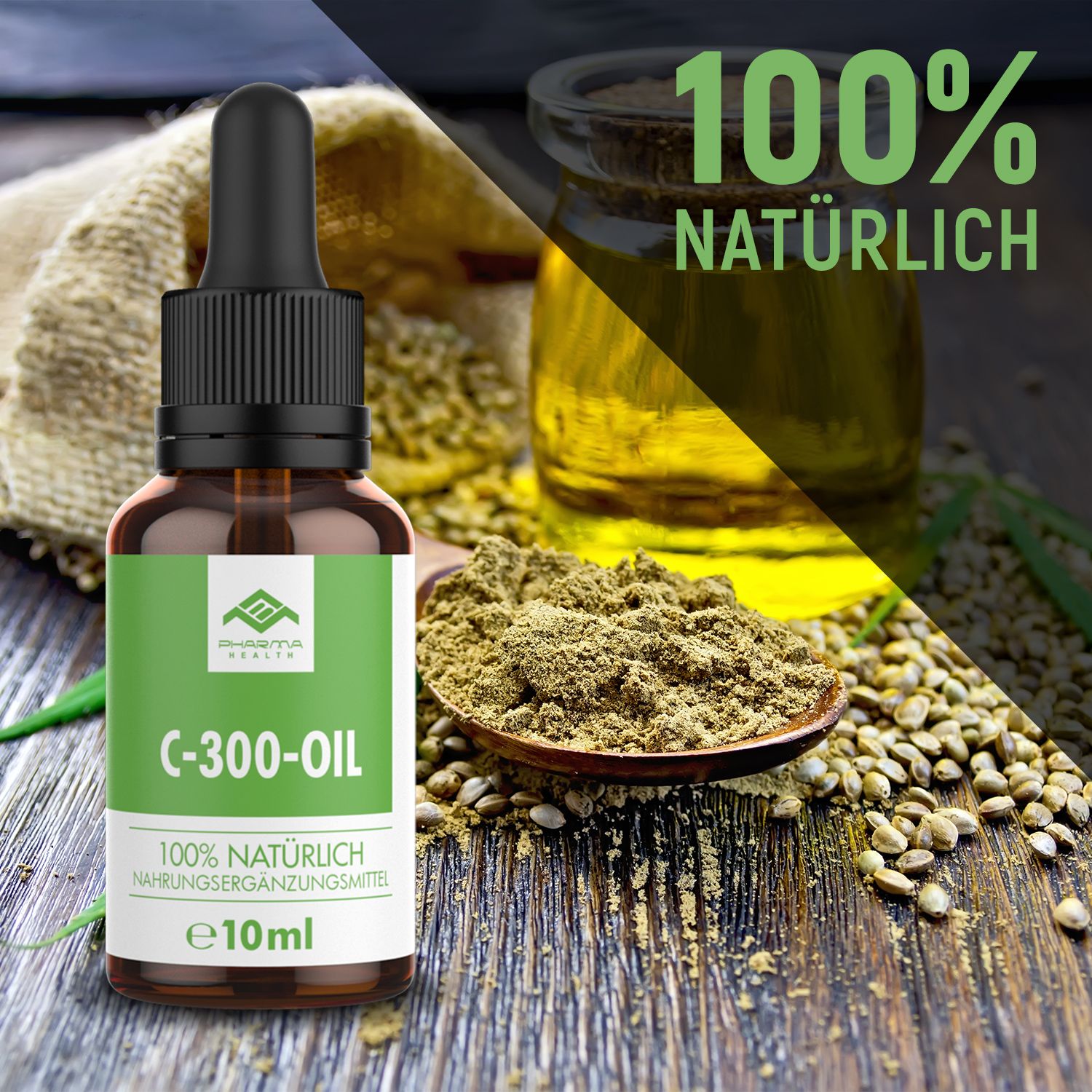 Braune Flasche mit Pipette, daneben Hanfsamen, Öl und Pulver. Etikett mit "C-300-OIL" und "100% NATÜRLICH".