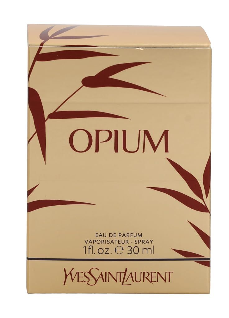 Beige Schachtel mit Aufschrift "Opium" und Bambus-Design. Enthält "Eau de Parfum Vaporisateur Spray". Marke: Yves Saint Laurent.