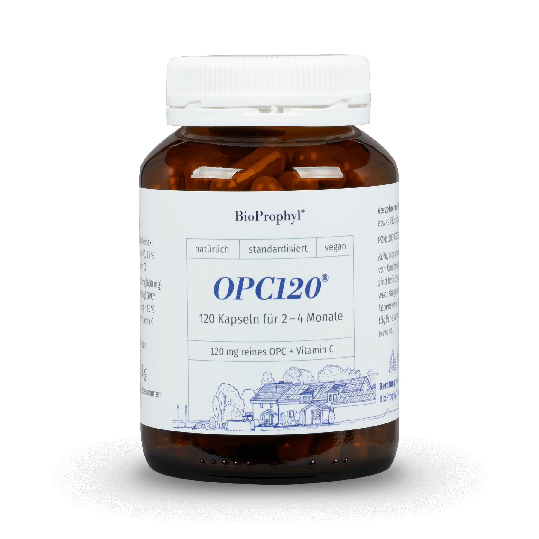Braune Glasflasche mit weißen Deckel. Aufschrift: OPC120, 120 Kapseln. Marke: BioProphyl.
