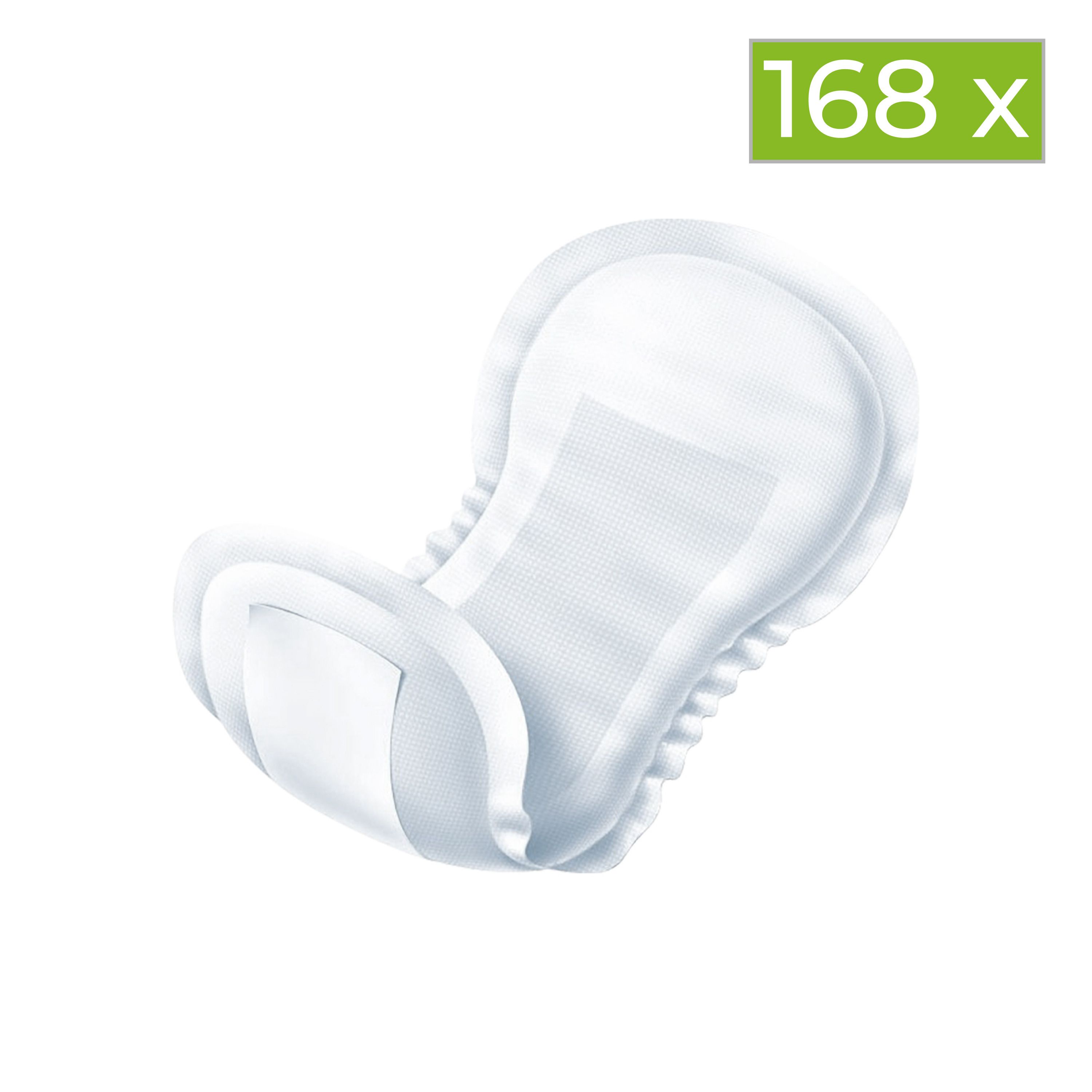 Weiße Inkontinenzeinlage mit Klebestreifen. 168 Stück Packung.