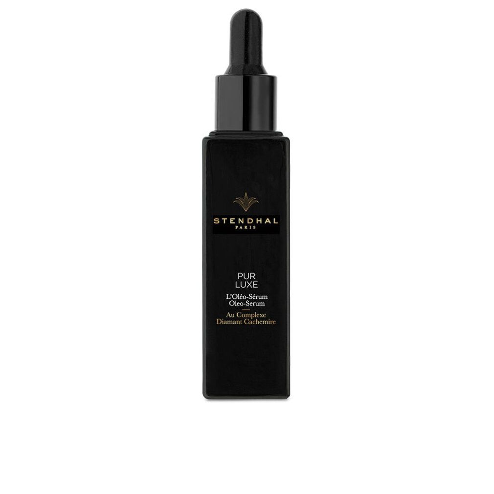Schwarze Flasche mit Pipette. Aufschrift: Stendhal Paris, PUR LUXE, L'Oleo-Serum, Au Complexe, Diamant Cachemire.