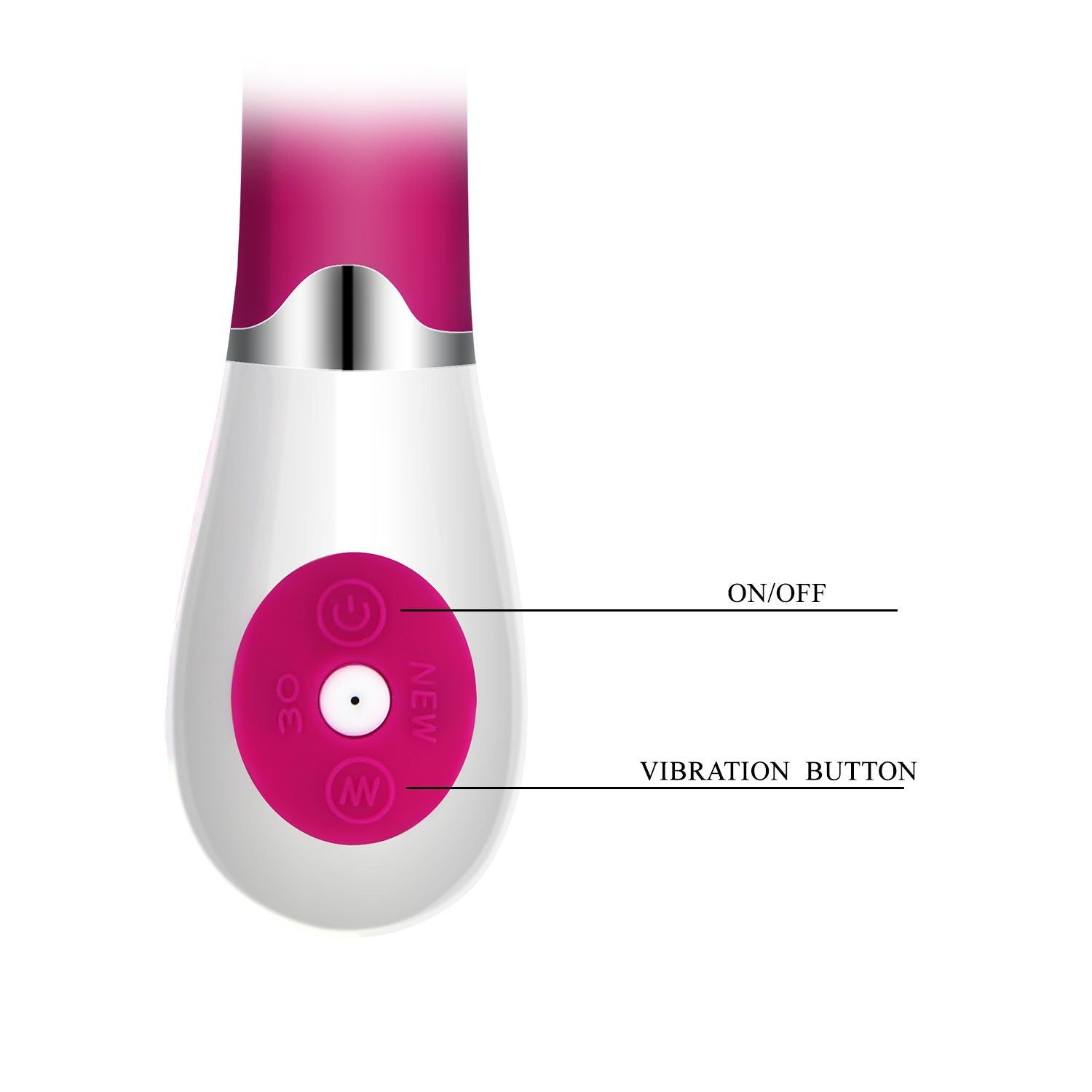 Nahaufnahme des Vibrator-Unterteils mit Knöpfen und Beschriftung.