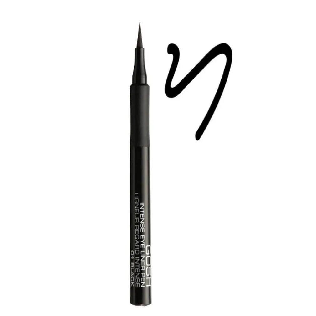 Schwarzer Eyeliner-Stift und schwarzer Strich. Aufschrift: GOSH INTENSE EYE LINER PEN 01 BLACK.