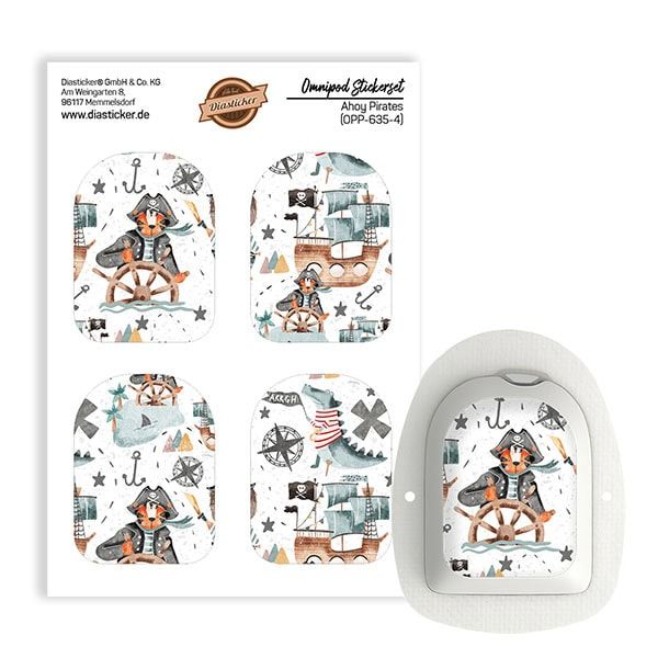 Omnipod Stickerset "Ahoy Pirates". Aufkleber mit Piratenmotiven. Enthält vier Aufkleber und ein Omnipod-Gerät.