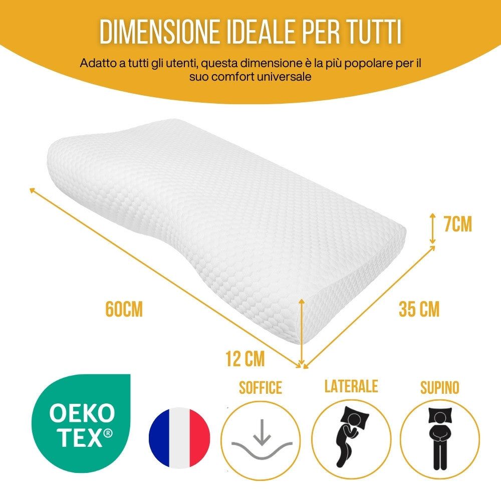 Cuscino cervicale. Dimensioni: 60x35x12cm. Certificazione Oeko-Tex. Morbido. Dormire sul fianco e sulla schiena.