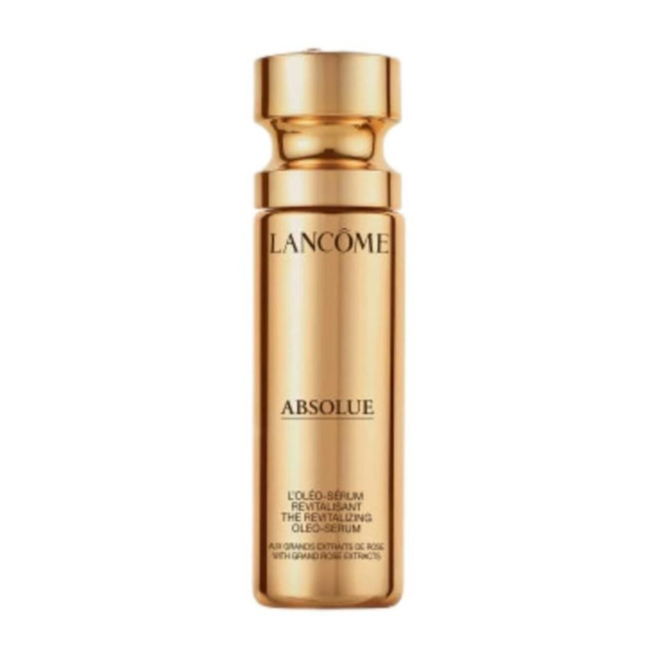 Goldfarbene Flasche mit Lancôme Absolue L'Oléo-Serum. Text: L'Oléo-Serum, The Revitalizing Oleo-Serum, Aux Grands Extraits de Rose.