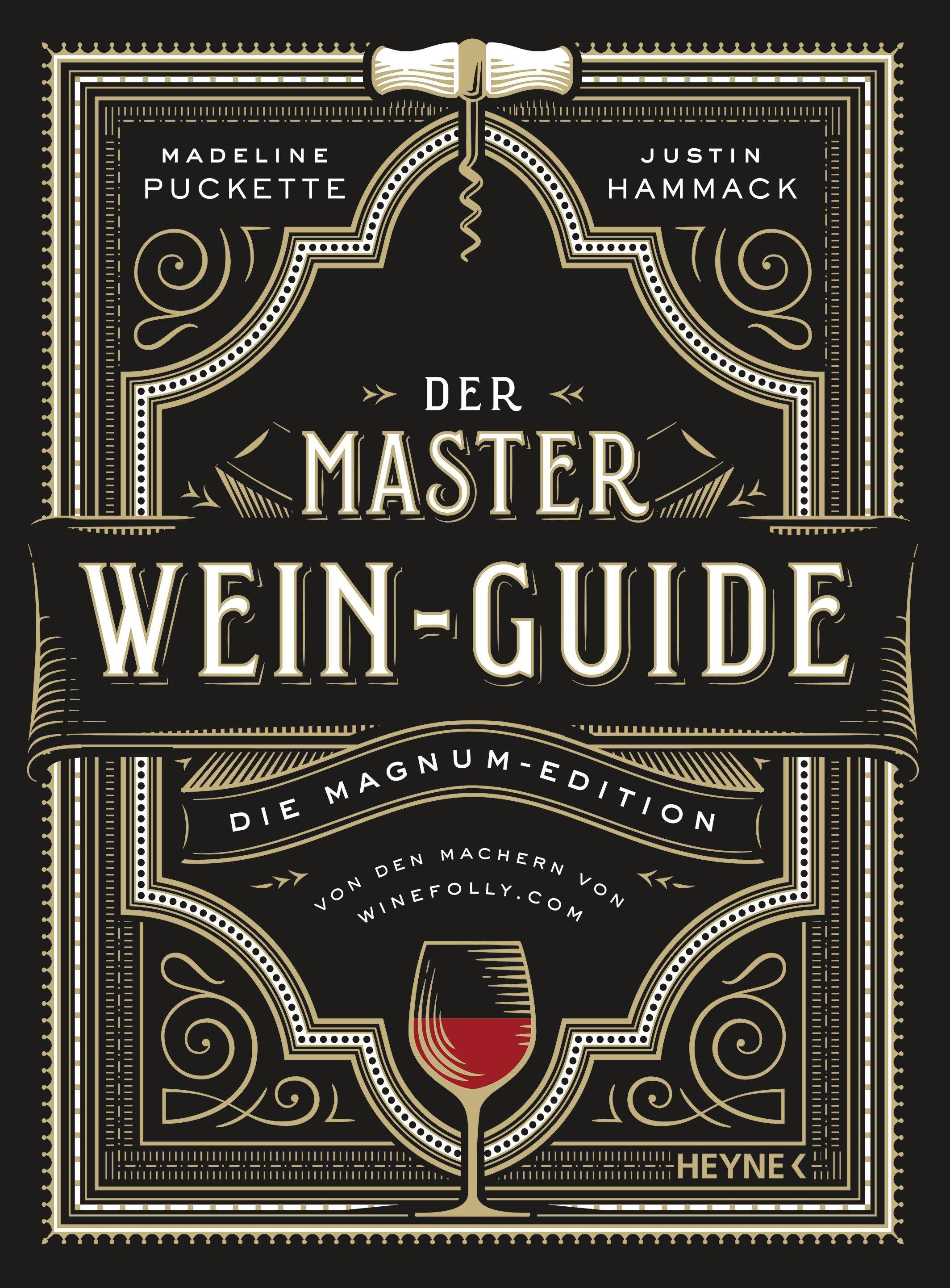 Buchcover von 'Der Master-Wein-Guide'. Schwarzer Hintergrund mit goldfarbenem Text und Illustrationen. Korkenzieher.