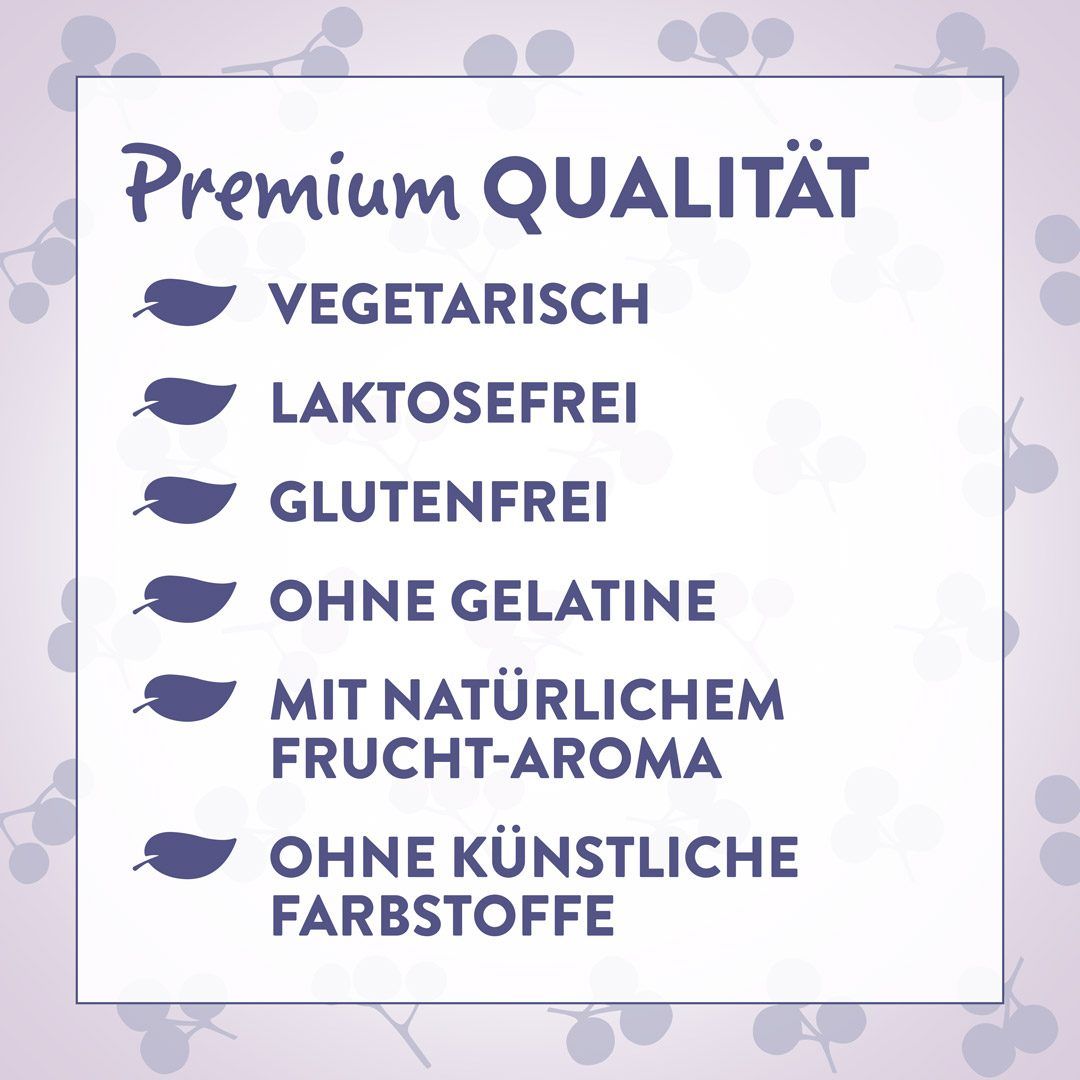 Text: Premium Qualität. Vegetarisch, Laktosefrei, Glutenfrei, Ohne Gelatine, Mit natürlichem Frucht-Aroma, Ohne künstliche Farbstoffe.
