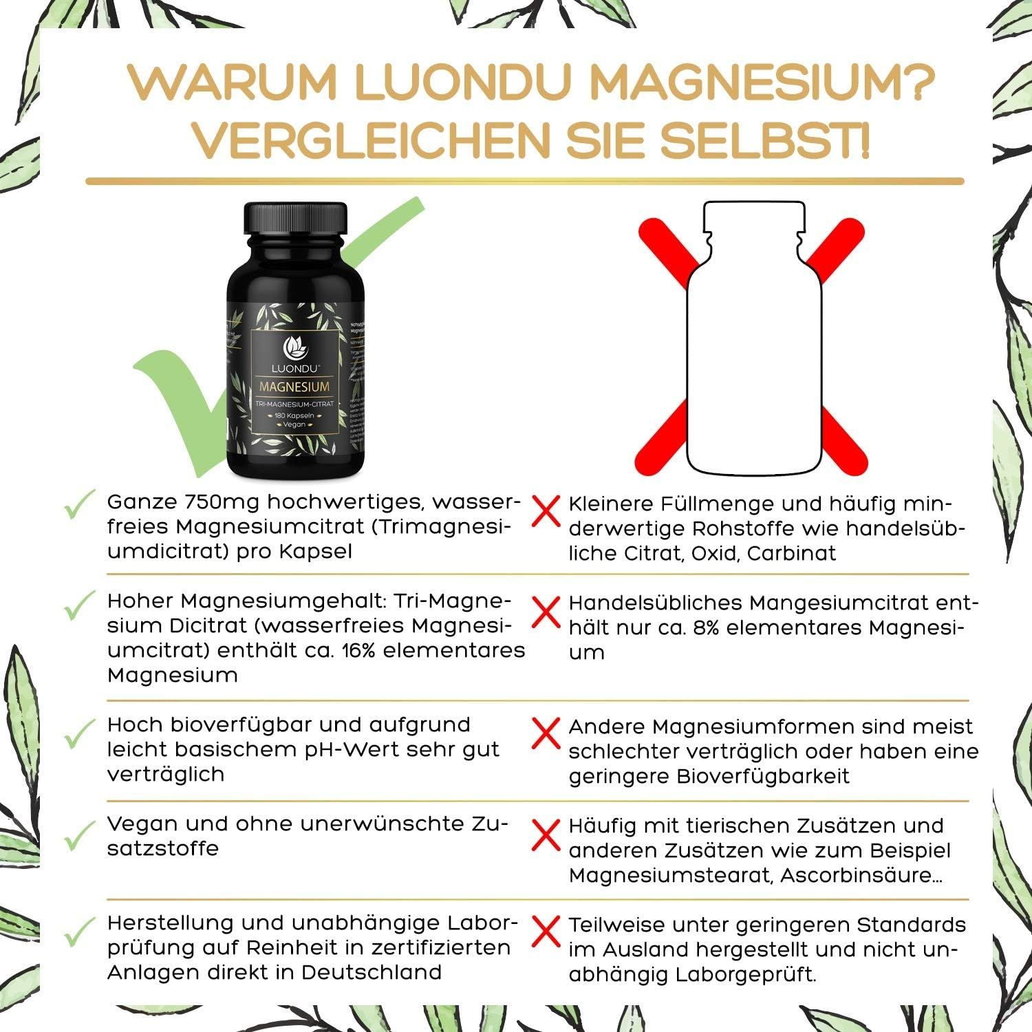 Magnesiumcitrat 375 Kapseln hochdosiert - 2250mg Magnesium pro Dosis* Luondu