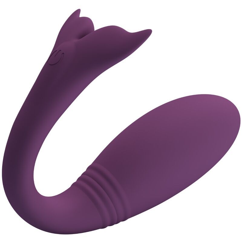 Lila Vibrator mit geschwungener Form und flossenartigem Ende. Ein/Aus-Symbol sichtbar.
