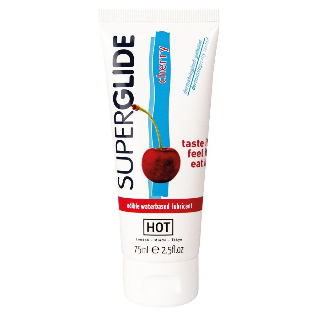 Weiße Tube mit roter Kirsche und blauer Linie. Aufschrift: SUPERGLIDE, cherry, HOT, 75ml, essbares Gleitmittel.