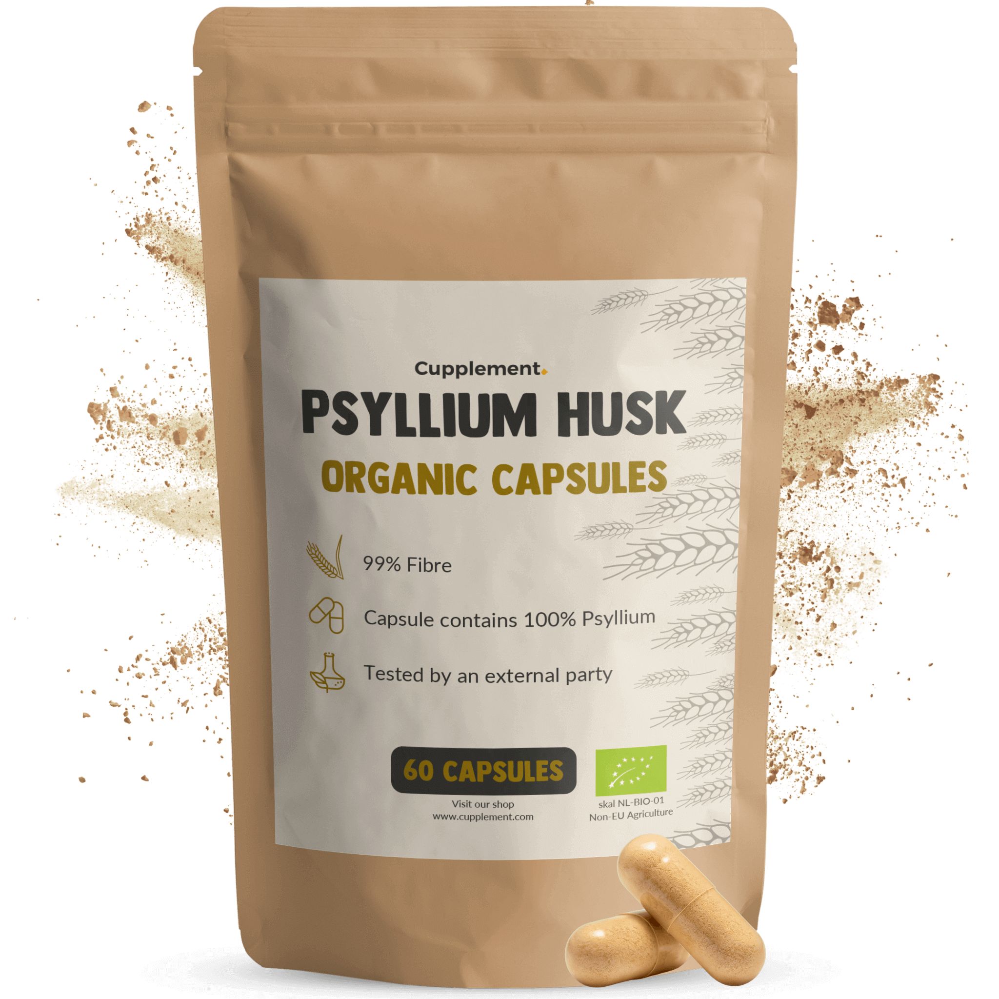 Beutel mit Psyllium Husk Kapseln. Text: Organic Capsules, 60 Kapseln, 99% Ballaststoffe.