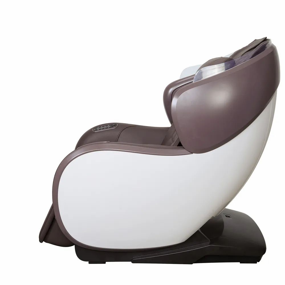 Massagesessel, braunes Leder, weißes Gehäuse, Armlehnen, Bedienfeld. Seitenansicht.