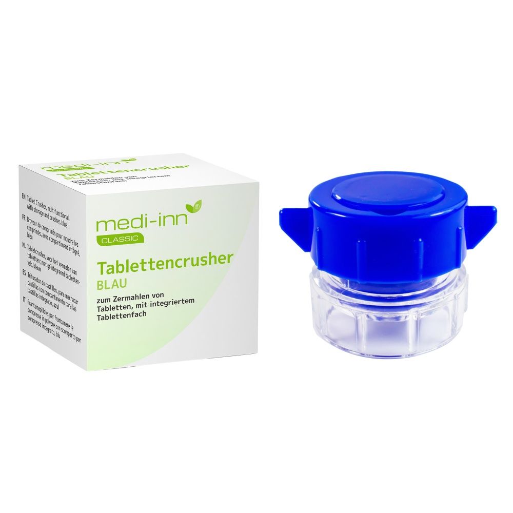 Tablettencrusher und Verpackung. Verpackung mit Text: medi-inn Tablettencrusher BLAU.