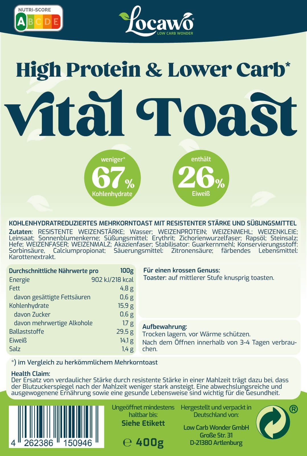 Nahaufnahme des Etiketts von Locawo Vital Toast. Aufschrift: High Protein & Lower Carb. Nährwertangaben, Zutatenliste, Health Claim.