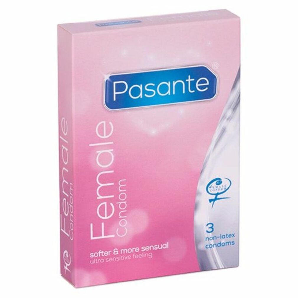 Pasante Female Condom-Verpackung. Rosa Schachtel mit blauem Logo und Text. Enthält 3 latexfreie Kondome.