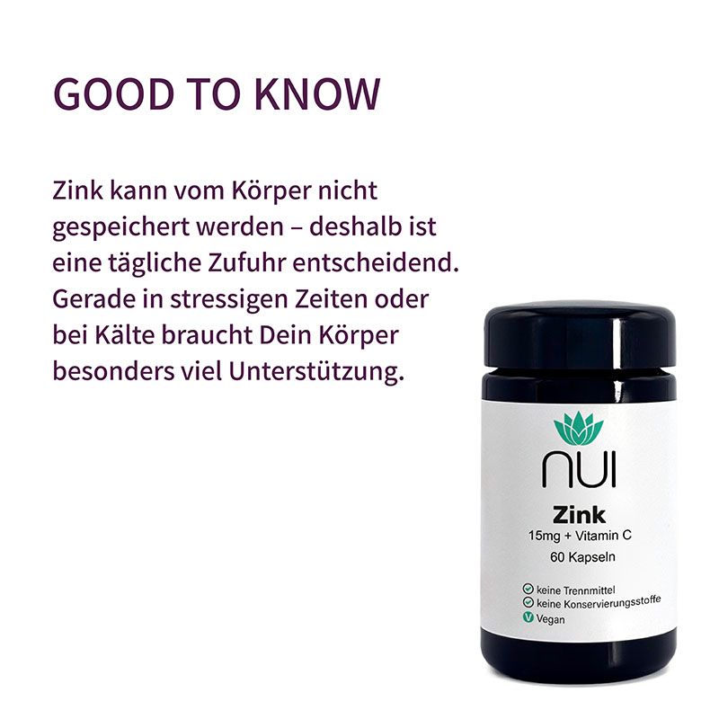 Dunkelblaue Flasche mit weißem Etikett. Aufschrift: NUI, Zink, 15mg + Vitamin C, 60 Kapseln. Text: Zink kann nicht gespeichert werden.