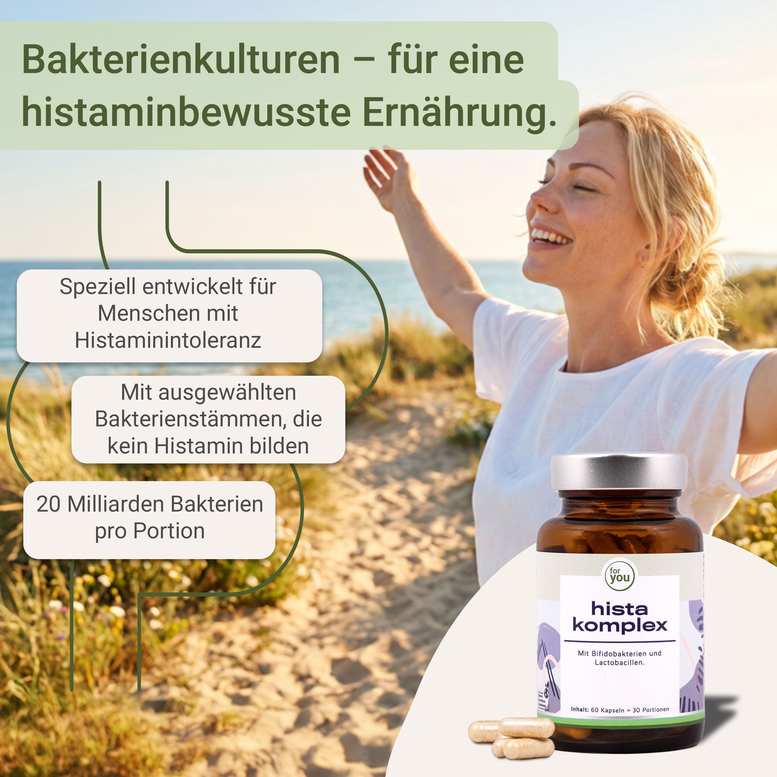 Braune Flasche mit Kapseln und Produktaufschrift „for you Hista Komplex“. Frau am Strand mit Text über Histamin.