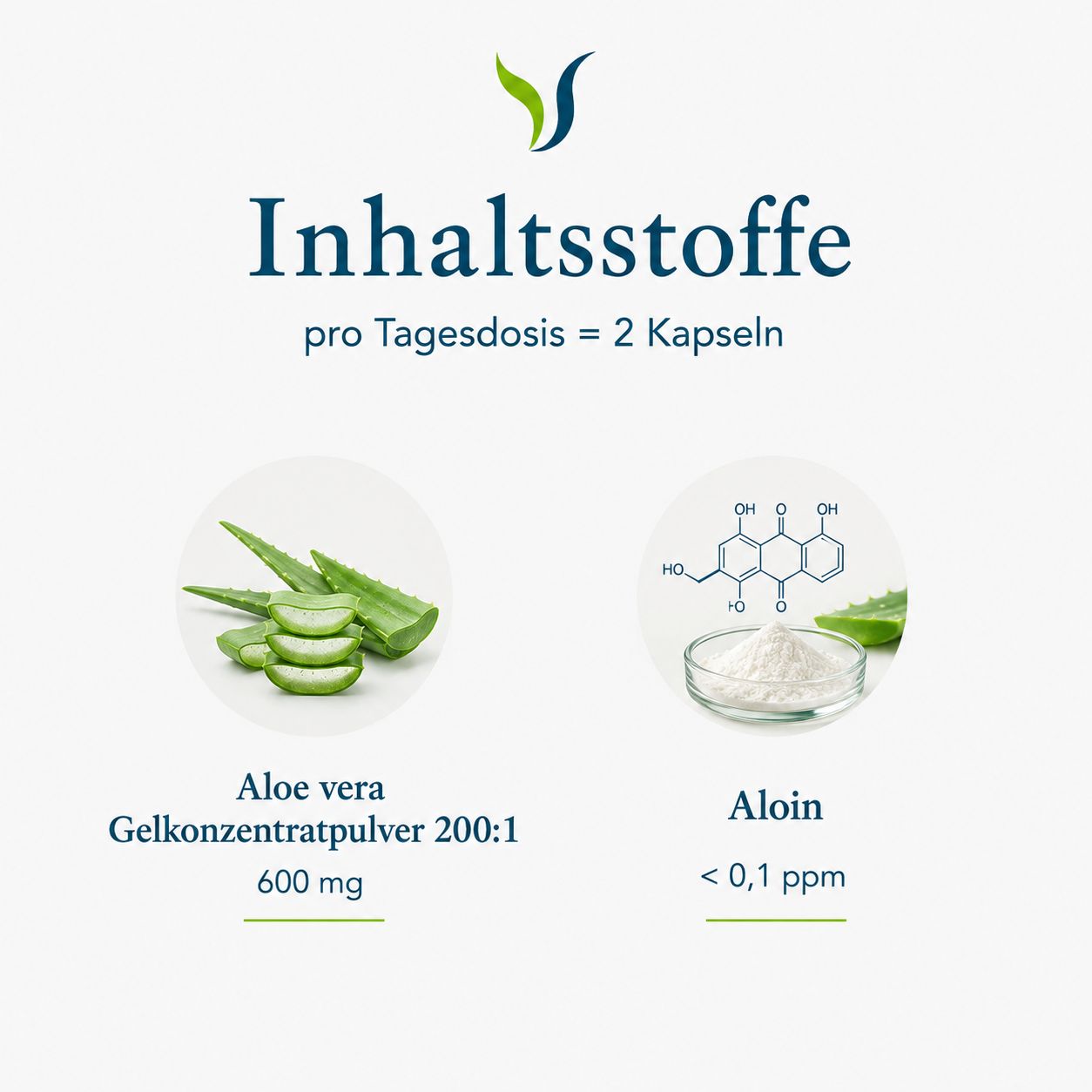 Aloe Vera Gelkonzentratpulver 200:1 (600 mg) und Aloin (< 0,1 ppm) mit chemischer Strukturformel.