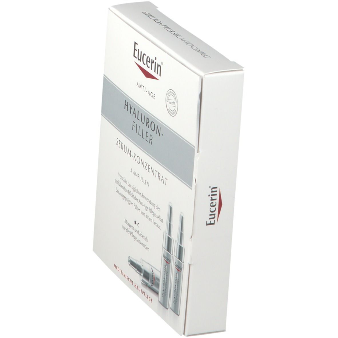 Schachtel mit Eucerin-Logo und Produktnamen. Enthält drei Ampullen Hyaluron-Filler Serum-Konzentrat. Perspektivische Ansicht.