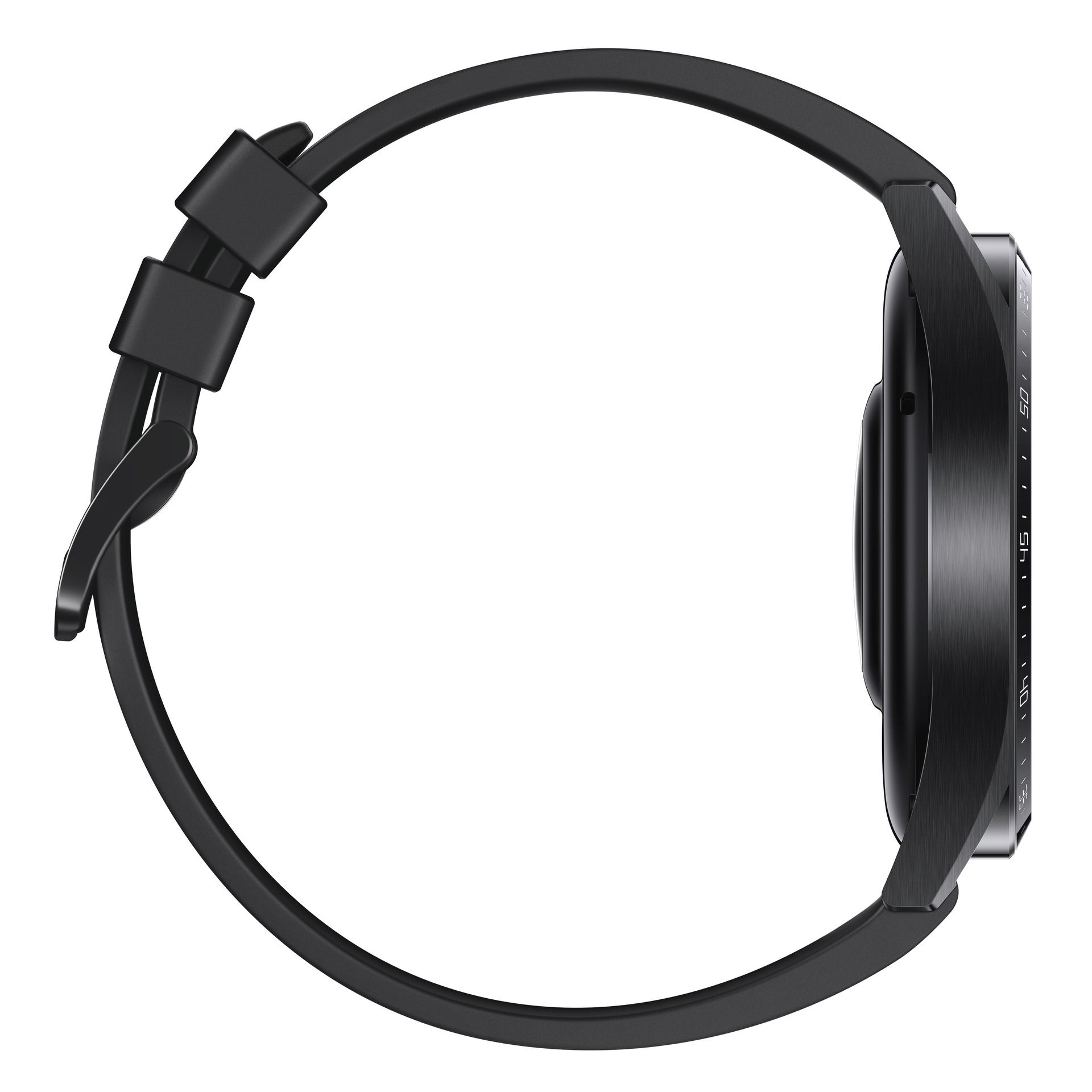 Schwarze Smartwatch, Seitenansicht. Rundes Gehäuse, schwarzes Armband. Dornschließe.