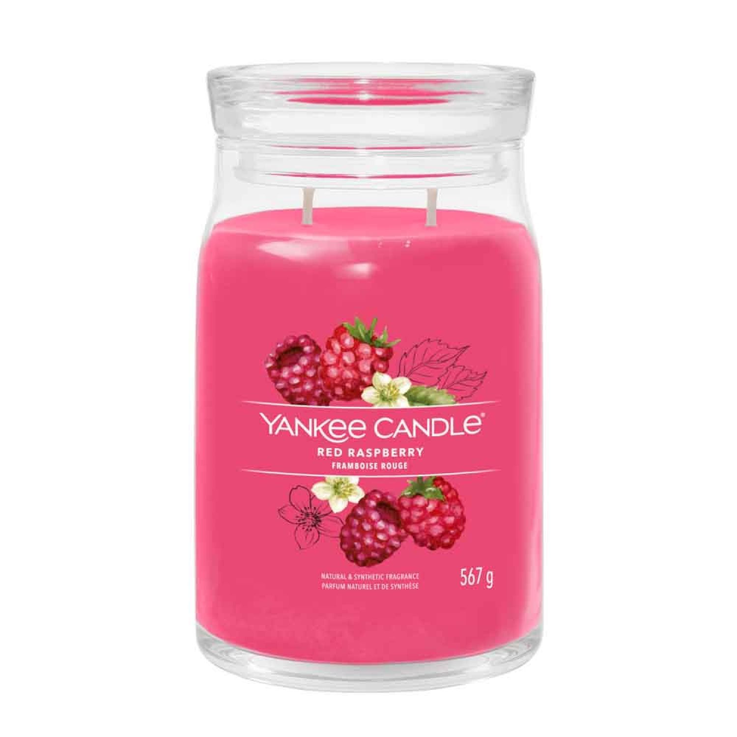 Rote Duftkerze im Glas mit Deckel. Aufschrift "Red Raspberry". Abbildung von Himbeeren. Gewicht: 567 g.