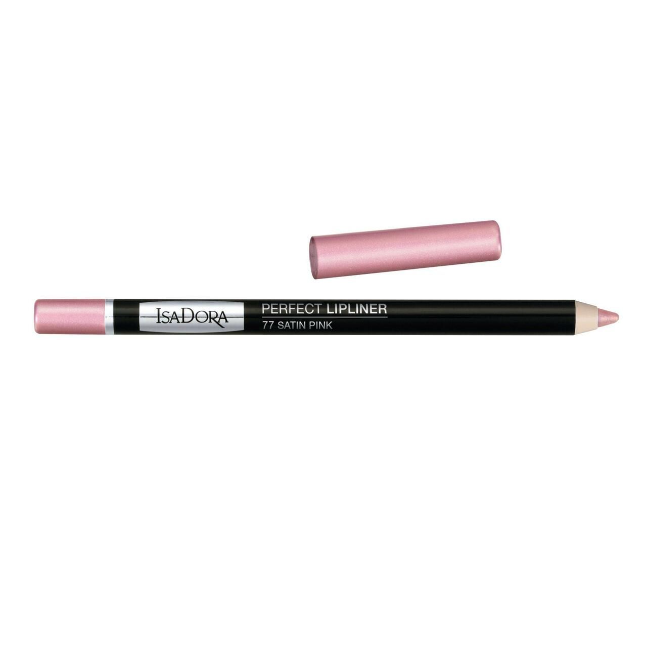 IsaDora Perfect Lipliner, Stift und Kappe rosa. Schwarzer Stift mit silberner Schrift. Aufschrift: Perfect Lipliner, 77 Satin Pink.