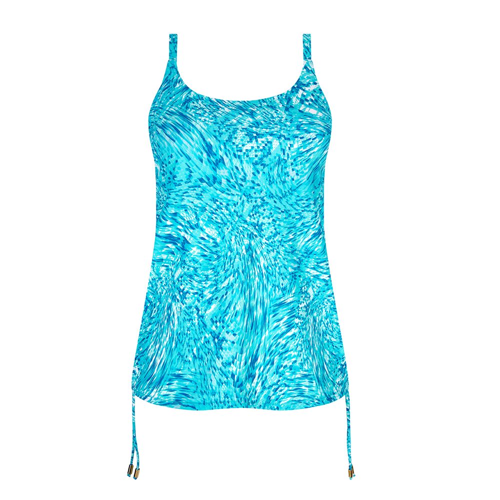 Türkis Tankini-Oberteil mit verstellbaren Trägern und Kordelzug an den Seiten. Muster: blau-weißes Aquarell.