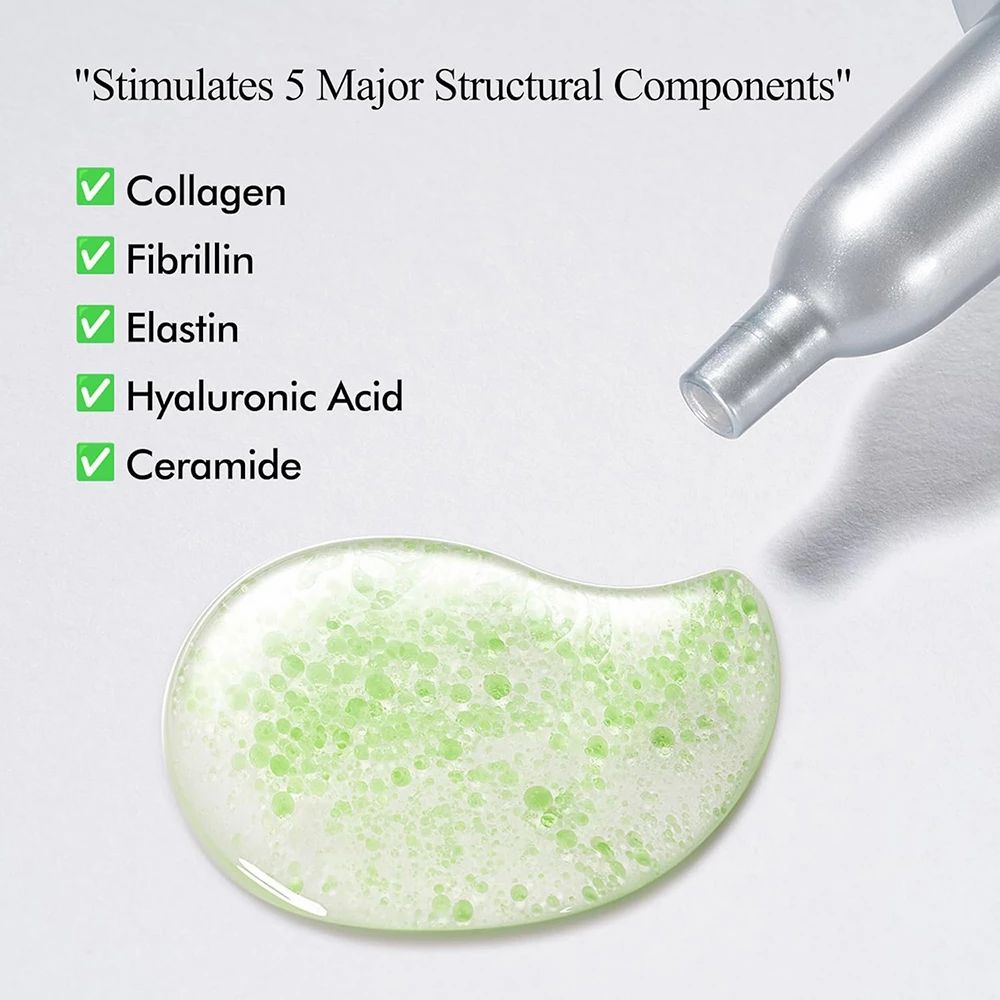 Grüner Tropfen Serum mit Serum-Applikator. Text: Stimuliert 5 Hauptstrukturkomponenten. Inhaltsstoffe: Collagen, Fibrillin, Elastin, Hyaluronsäure, Ceramide.