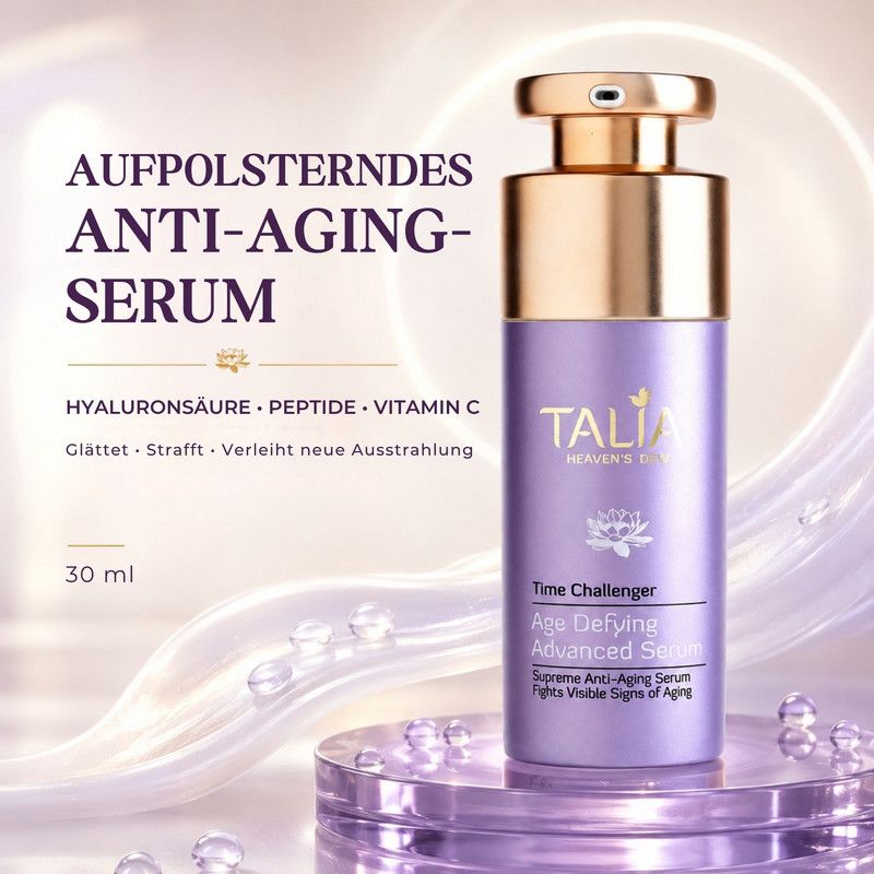 Lila Serumflasche "Talia Heaven's Dew Time Challenger" mit Pumpspender.