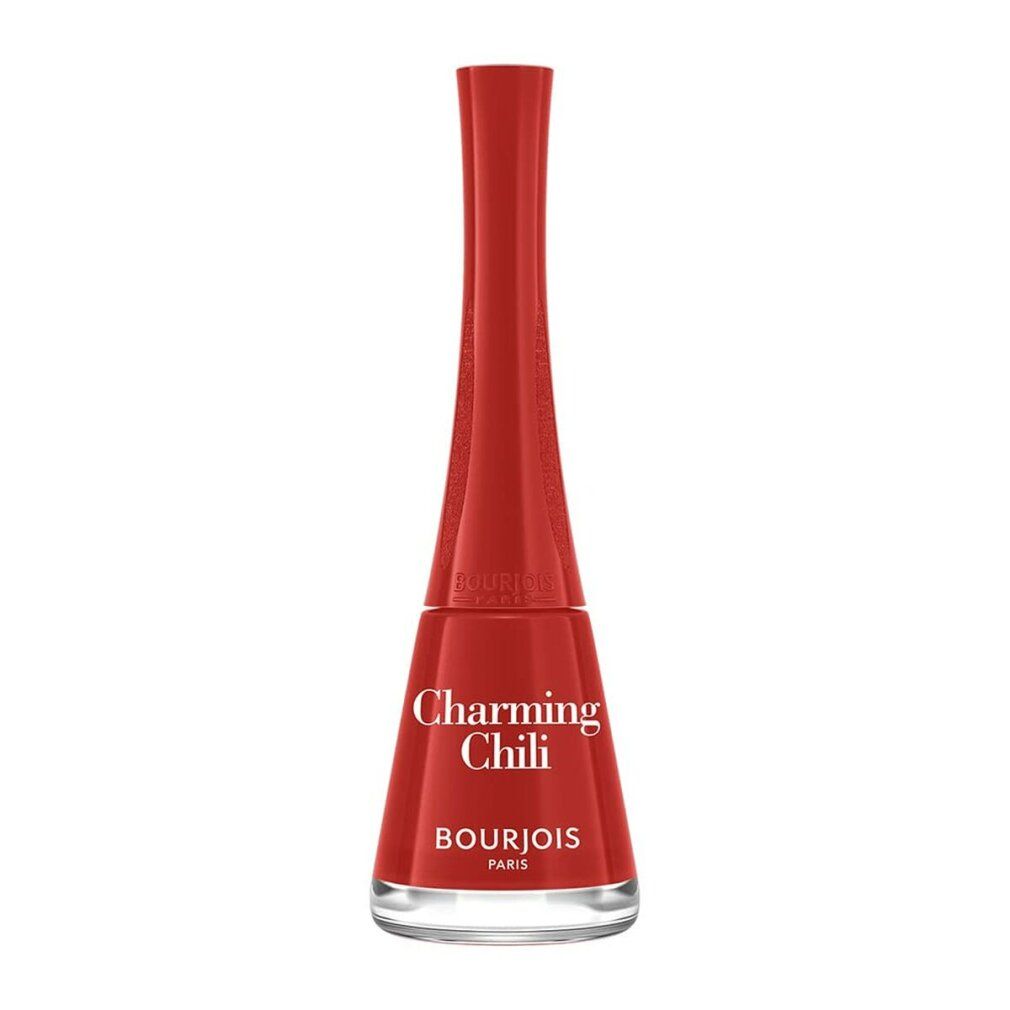 Roter Nagellackflakon. Aufschrift: Charming Chili, Bourjois Paris. Flakon mit rotem Deckel.