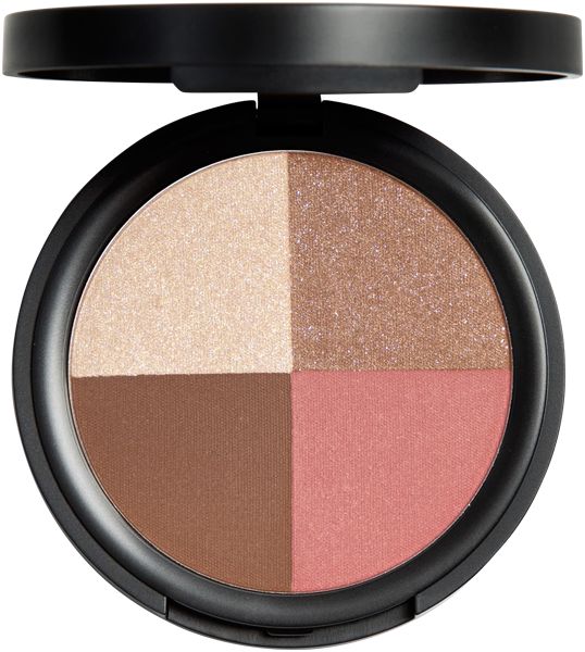 Runder, schwarzer Kosmetik-Kompaktpuder mit vier Farbtönen: hell, bronzefarben, braun und rosa. Deckel geöffnet.