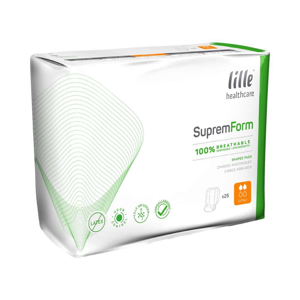 Verpackung mit Lille Suprem Form Extra Plus. Weiß mit grünen Akzenten. Text: SupremForm, 100% atmungsaktiv, Shaped Pads, 25 Stück.